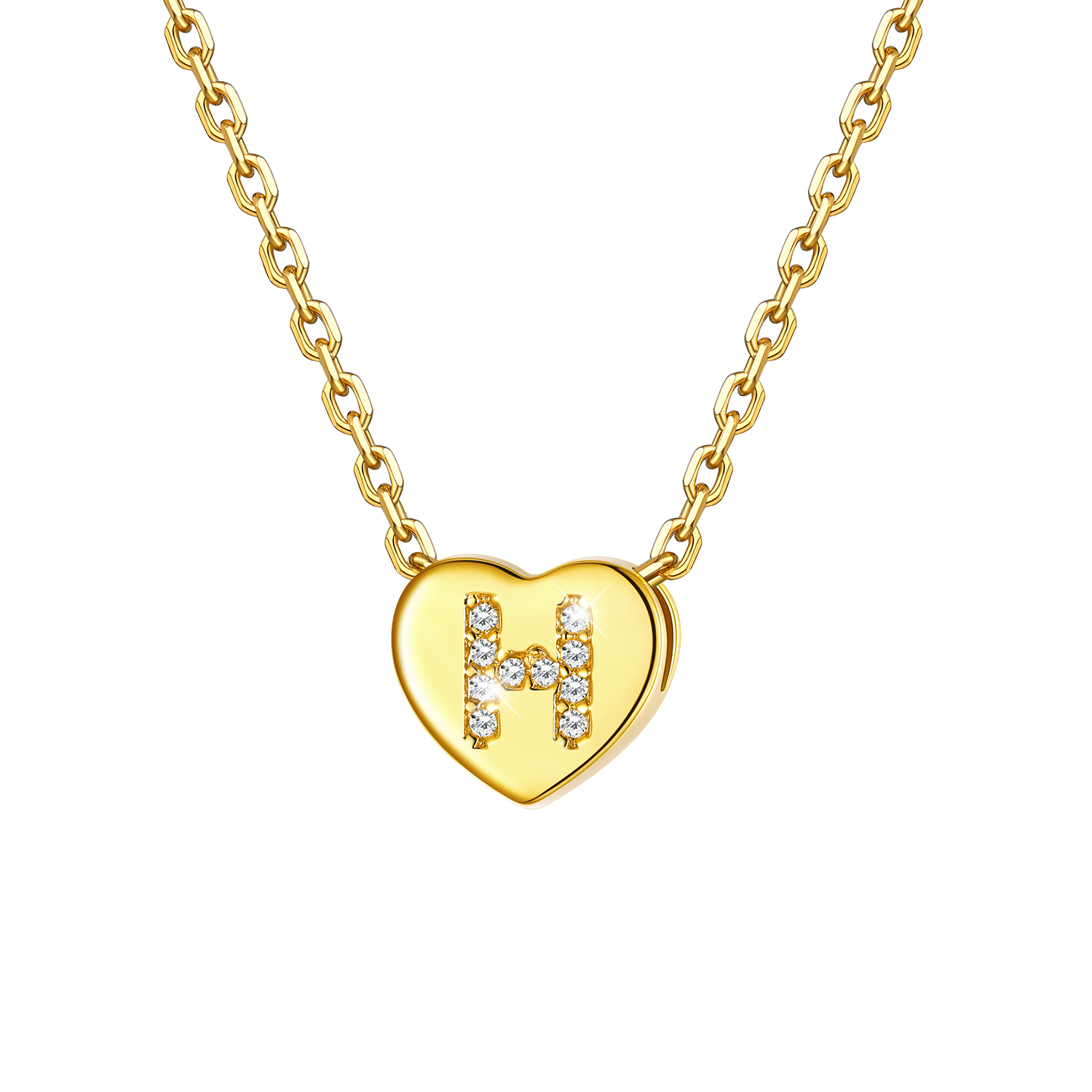 Tiny Heart Initial Necklace with CZ in 14K Gold Plated-H