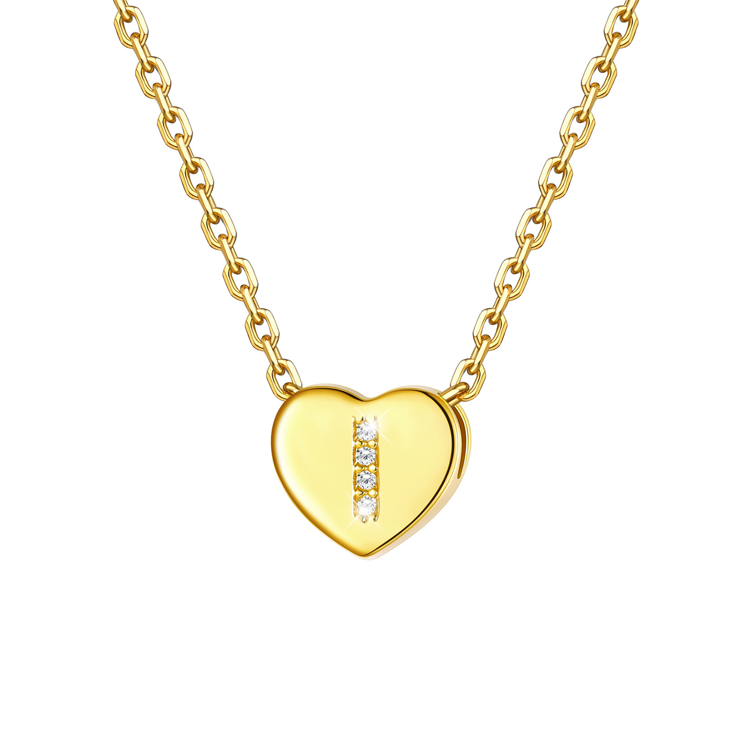 Tiny Heart Initial Necklace with CZ in 14K Gold Plated-I