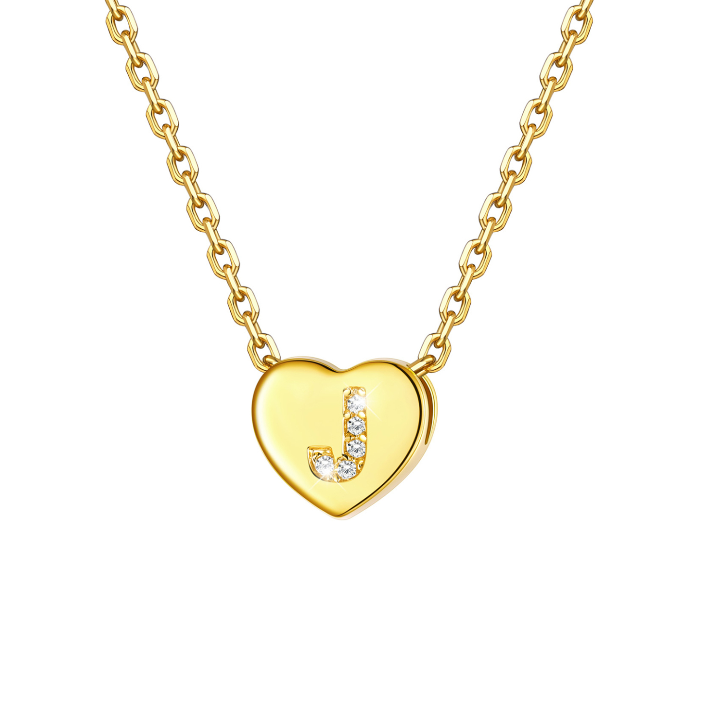 Tiny Heart Initial Necklace with CZ in 14K Gold Plated-J