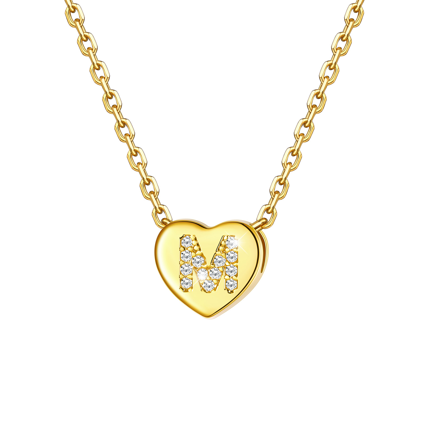 Tiny Heart Initial Necklace with CZ in 14K Gold Plated-M