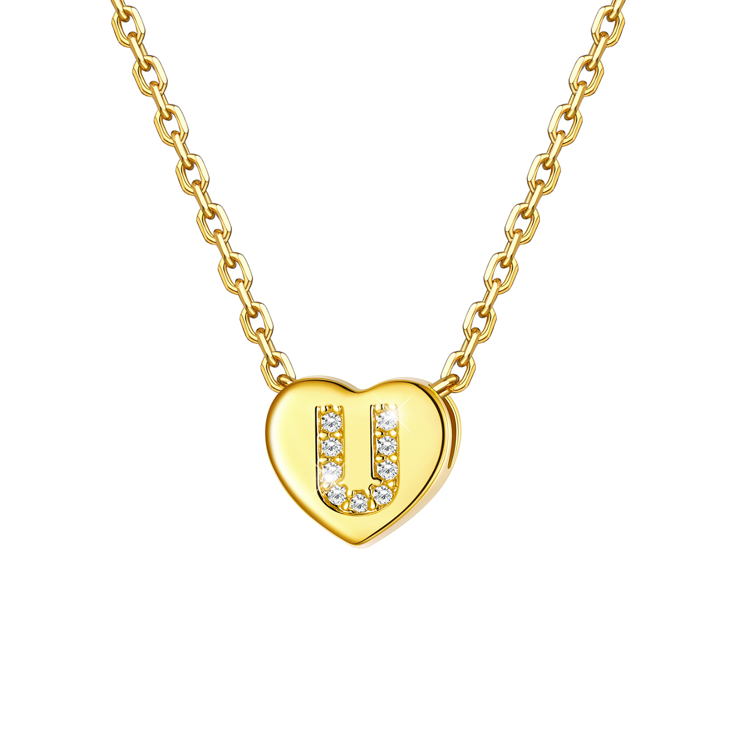 Tiny Heart Initial Necklace with CZ in 14K Gold Plated-U