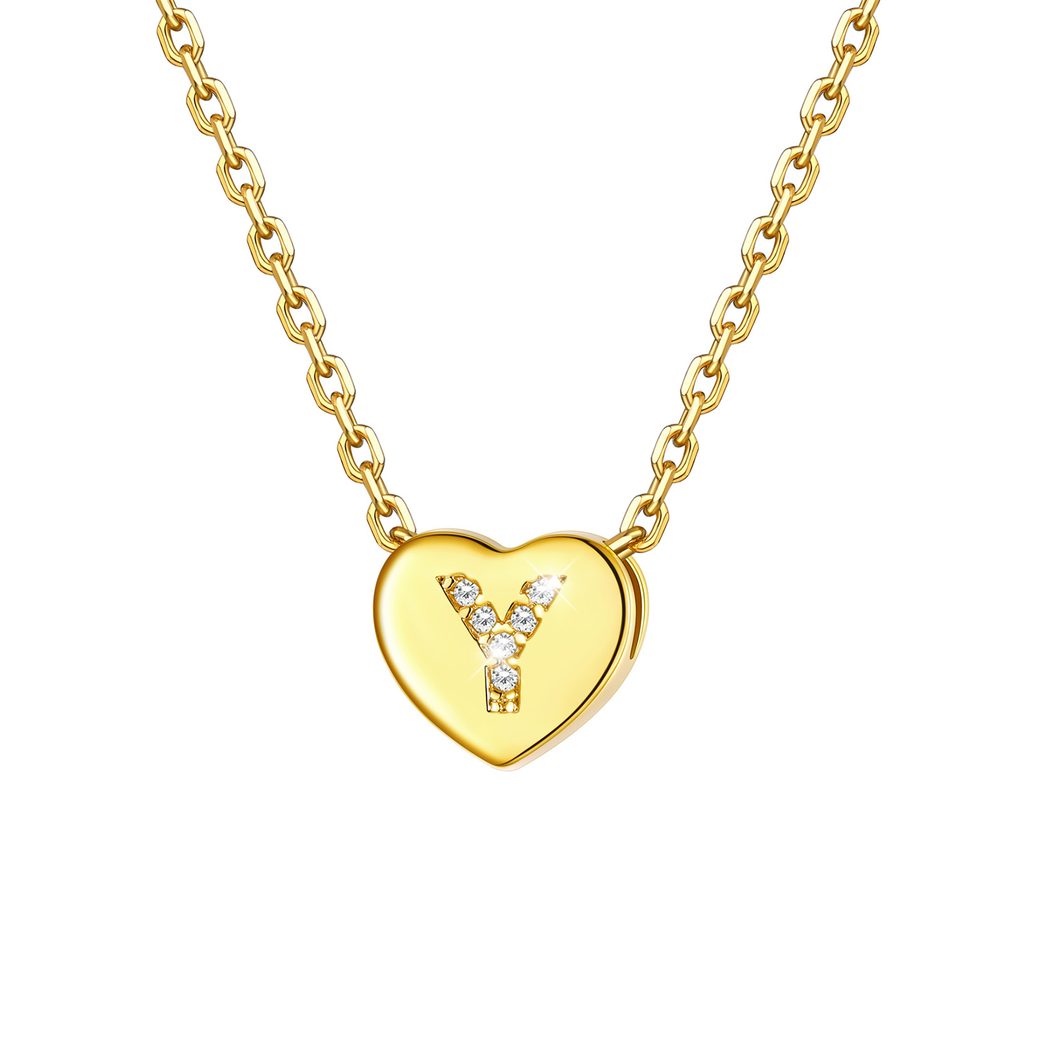 Tiny Heart Initial Necklace with CZ in 14K Gold Plated-Y