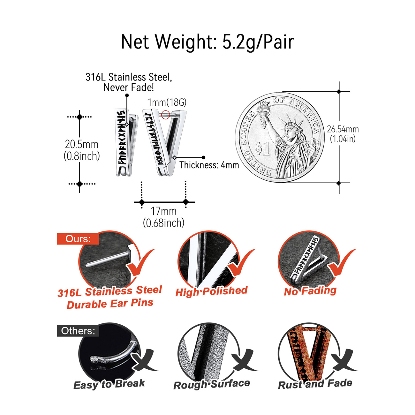 Triangle Viking Rune Huggie Hoop Details-Earrings Size, Weight