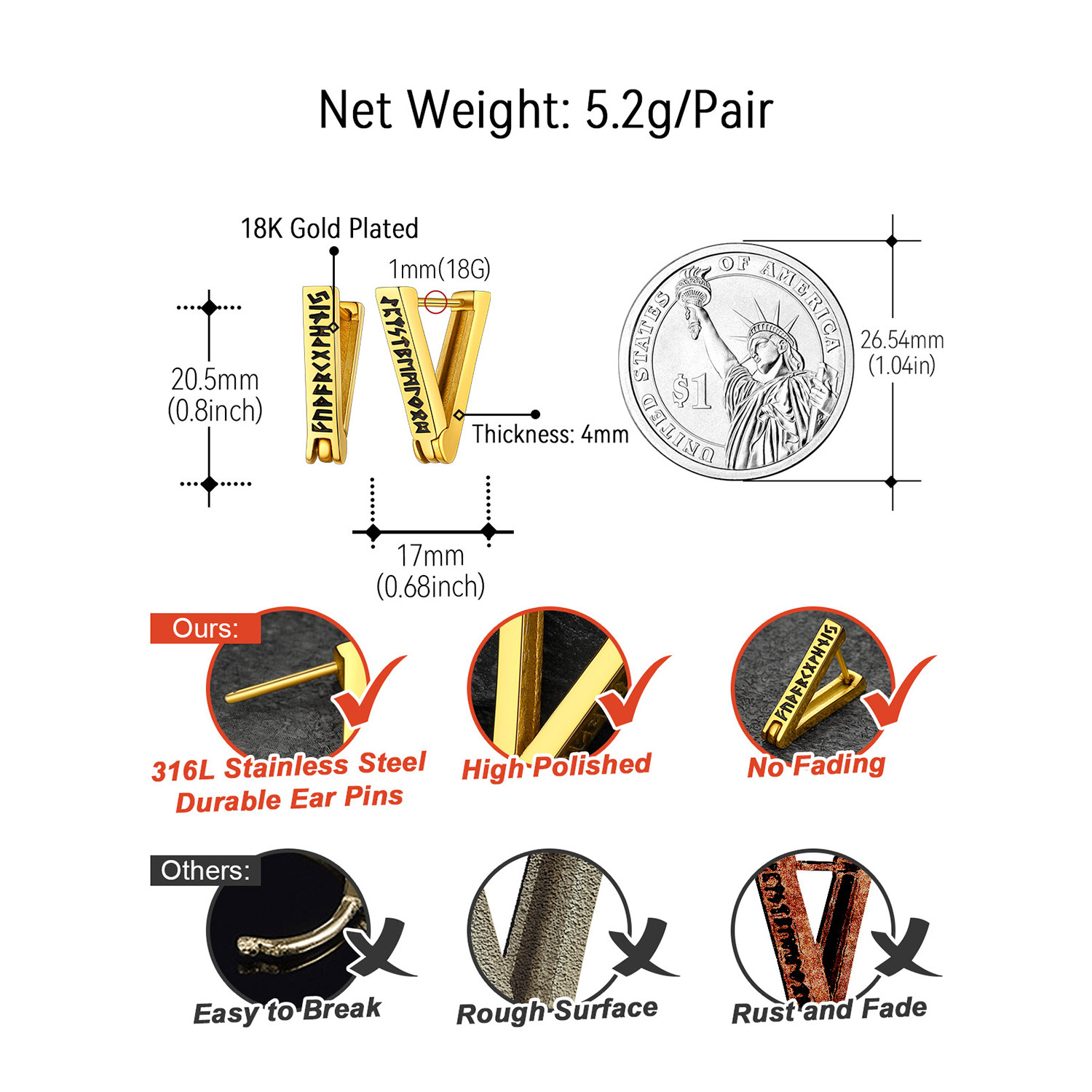 Triangle Viking Rune Huggie Hoop Details-Earrings Size, Weight