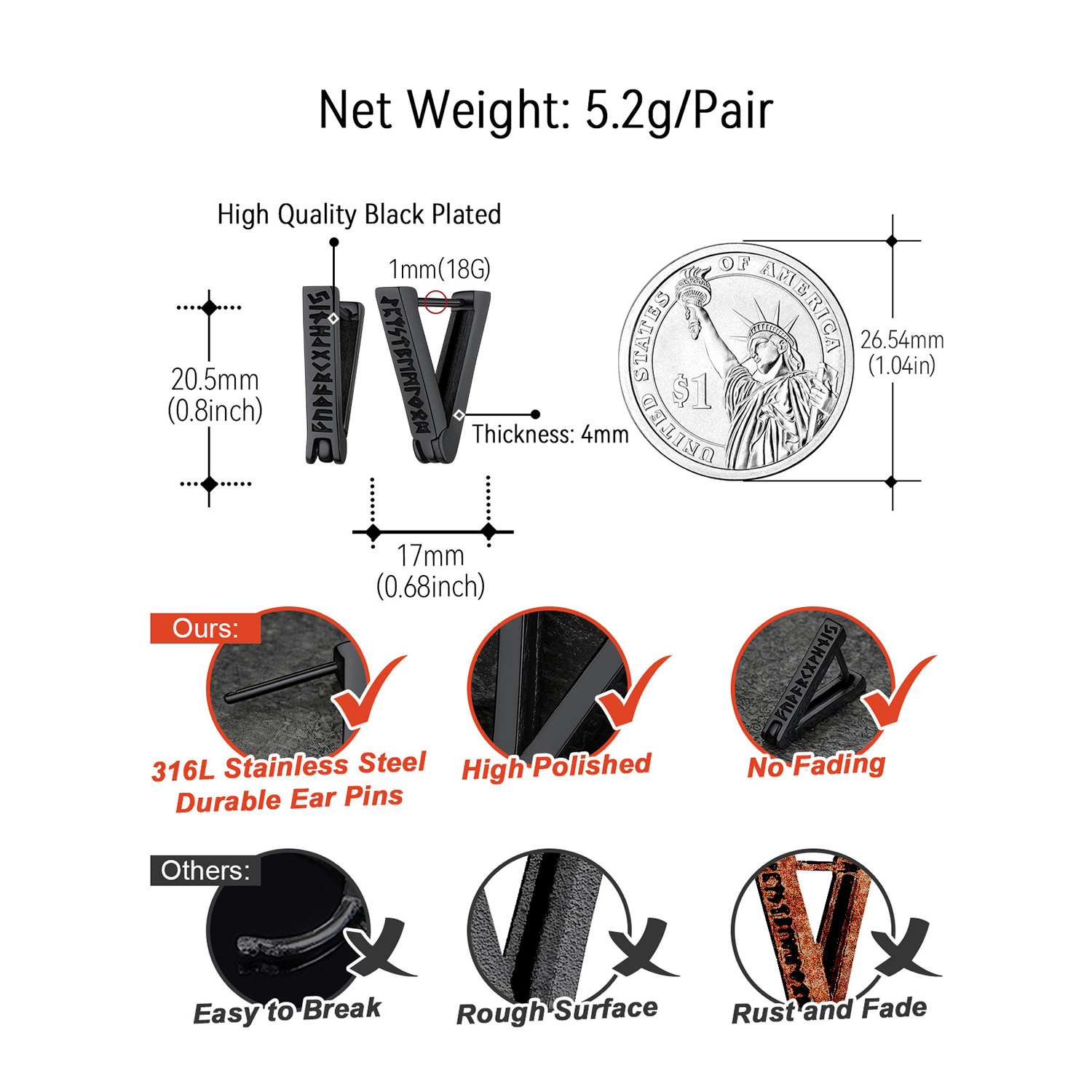 Triangle Viking Rune Huggie Hoop Details-Earrings Size, Weight