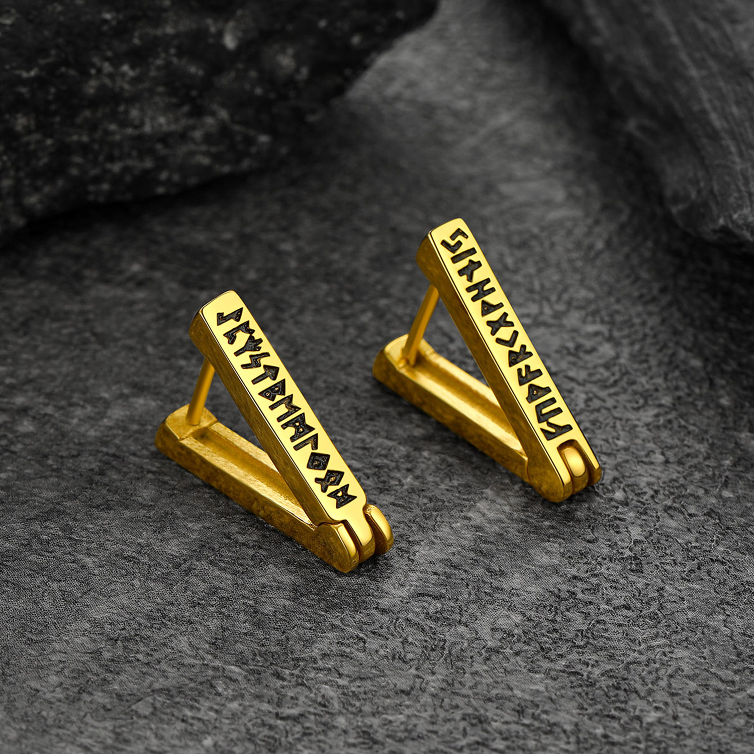 Triangle Viking Rune Huggie Hoop Earrings, 14K Gold Plated-01
