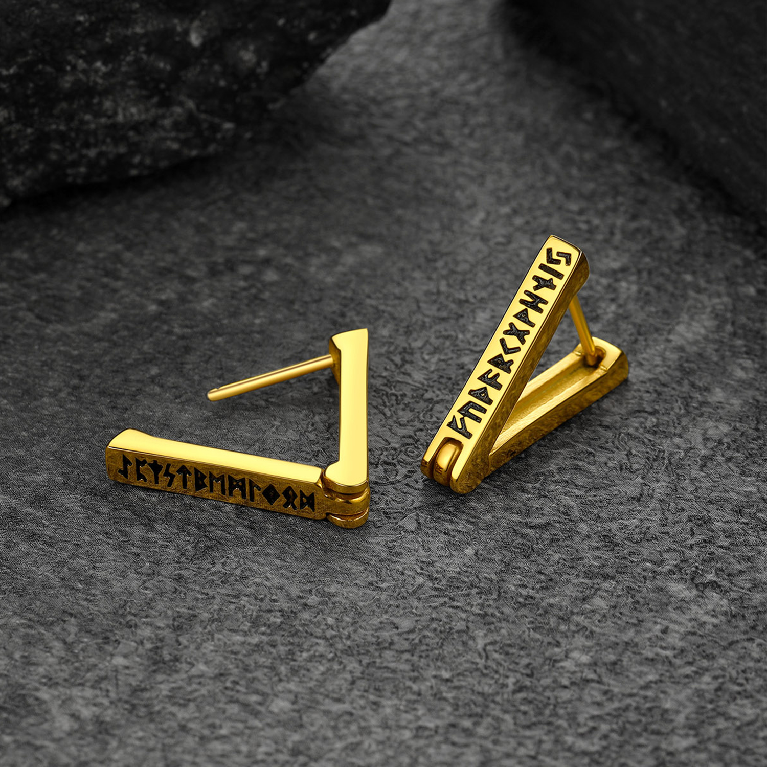 Triangle Viking Rune Huggie Hoop Earrings, 14K Gold Plated-02