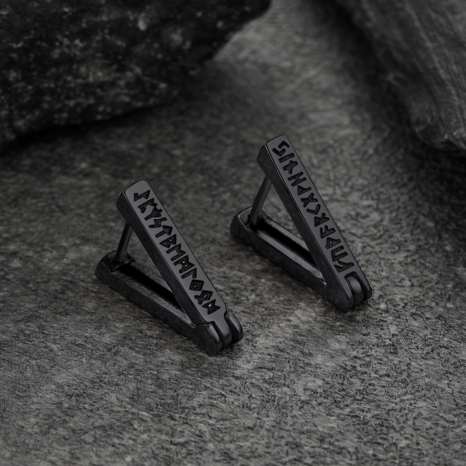 Triangle Viking Rune Huggie Hoop Earrings, Black Plated-01