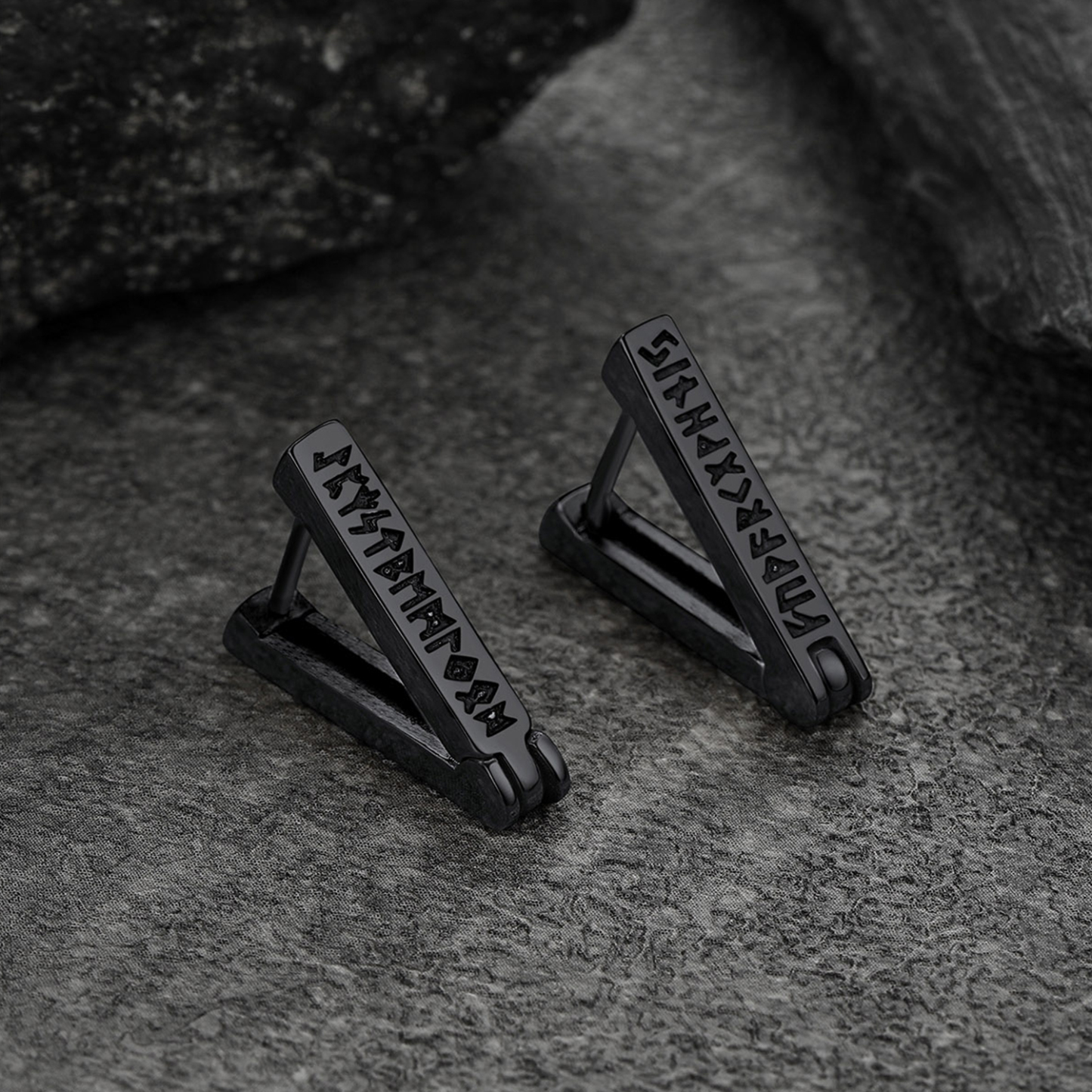 Triangle Viking Rune Huggie Hoop Earrings, Black Plated-01