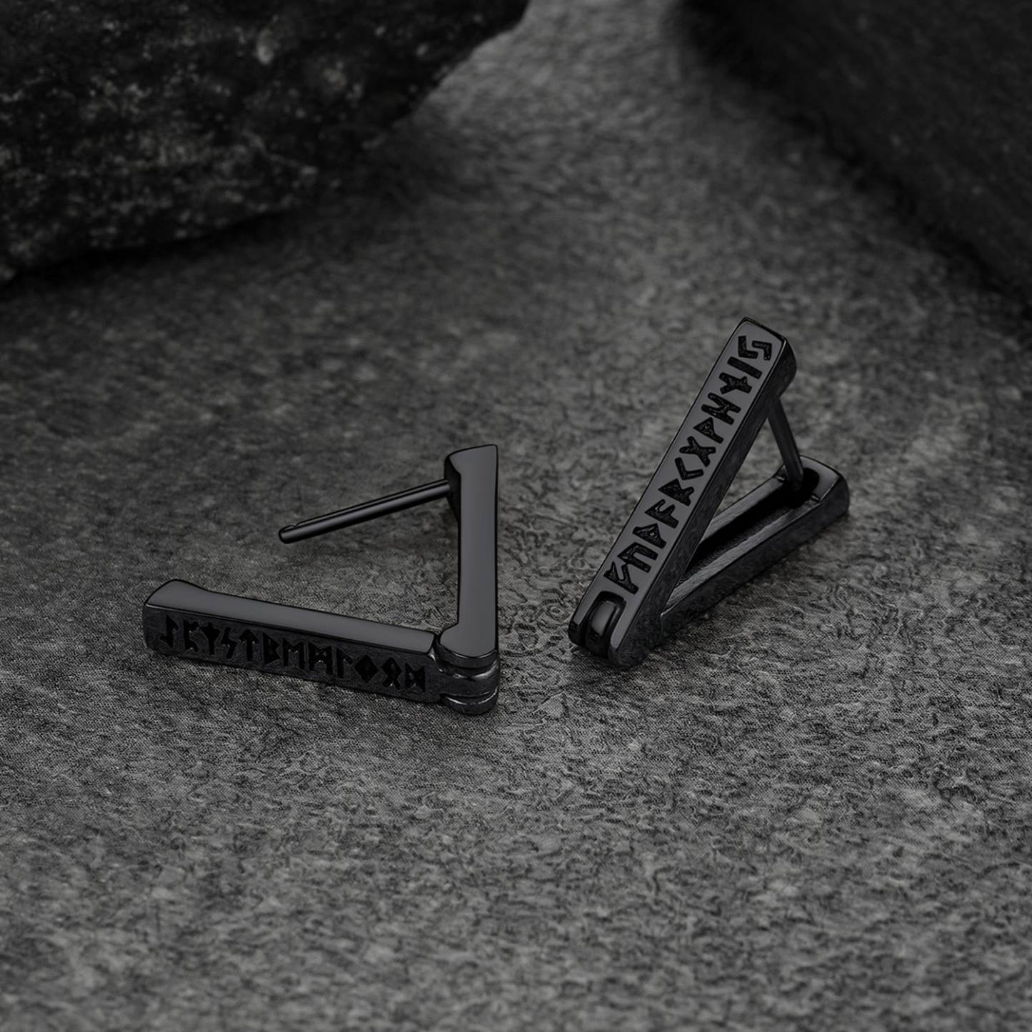 Triangle Viking Rune Huggie Hoop Earrings, Black Plated-02