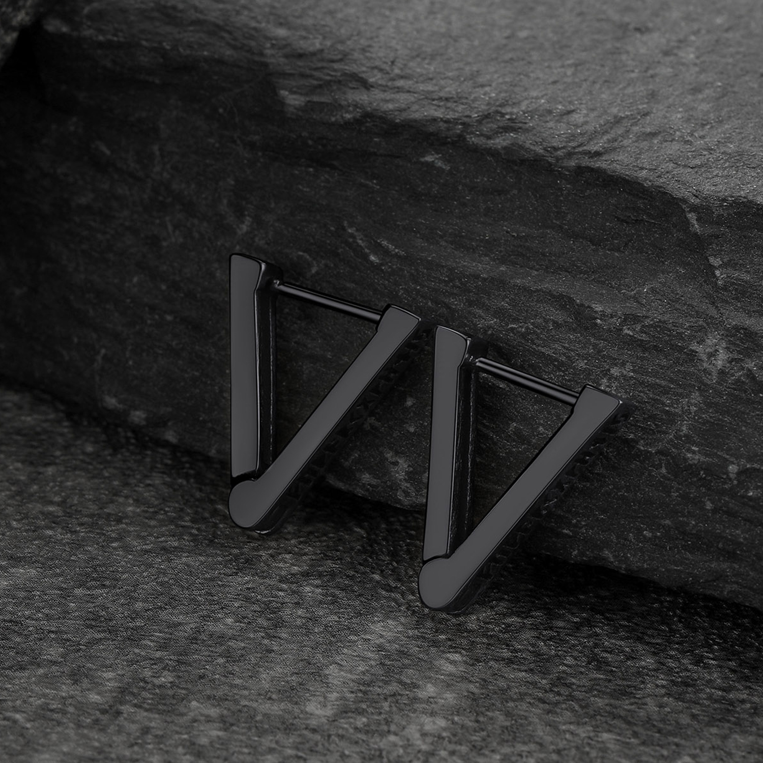 Triangle Viking Rune Huggie Hoop Earrings, Black Plated-03