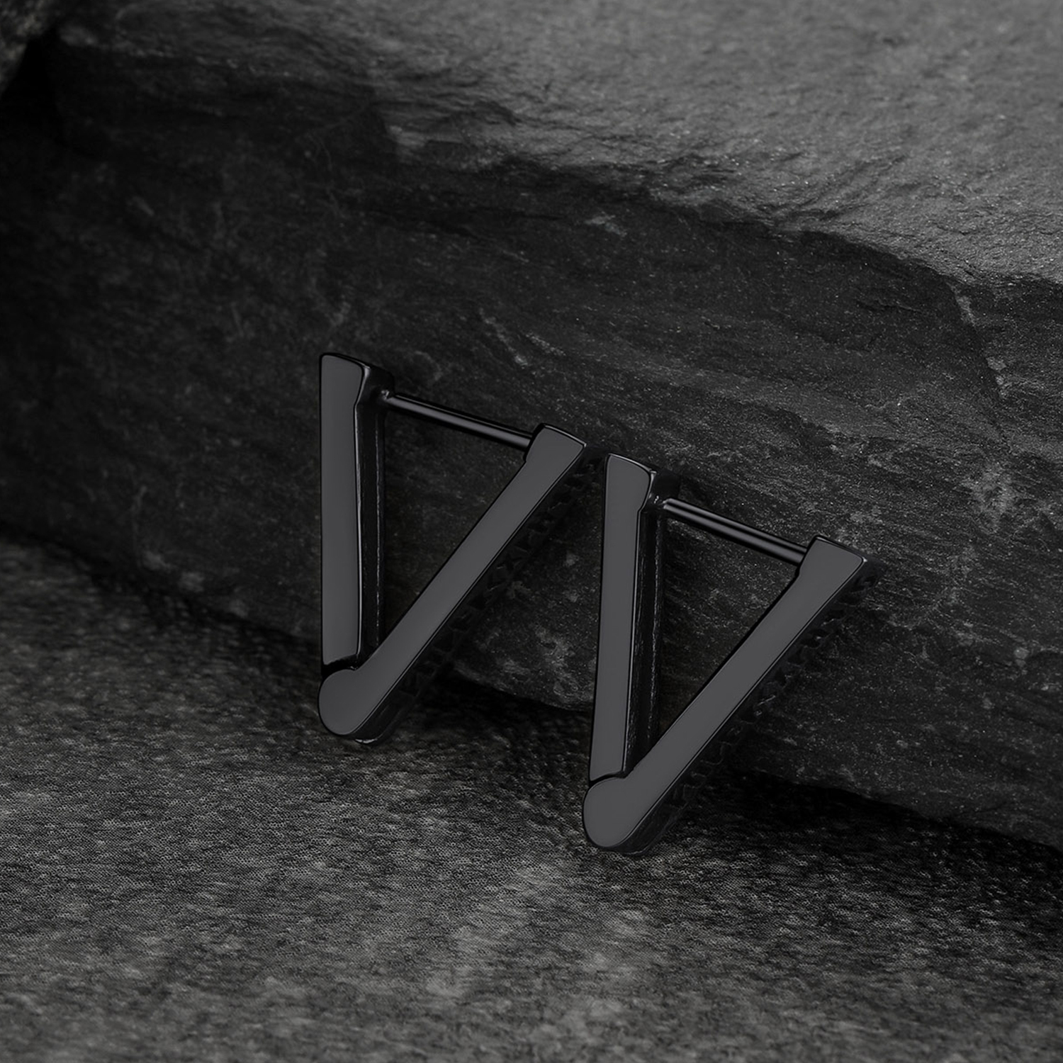 Triangle Viking Rune Huggie Hoop Earrings, Black Plated-03