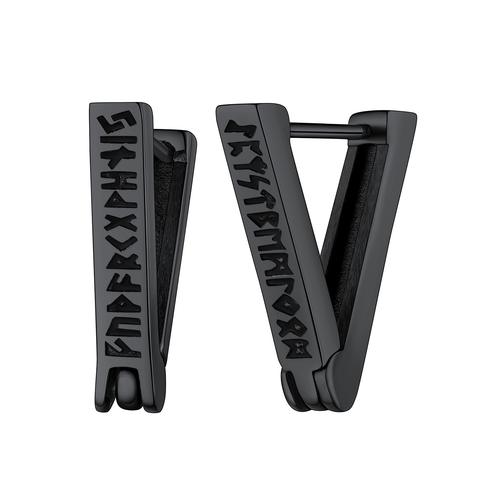 Triangle Viking Rune Huggie Hoop Earrings in Black Plated