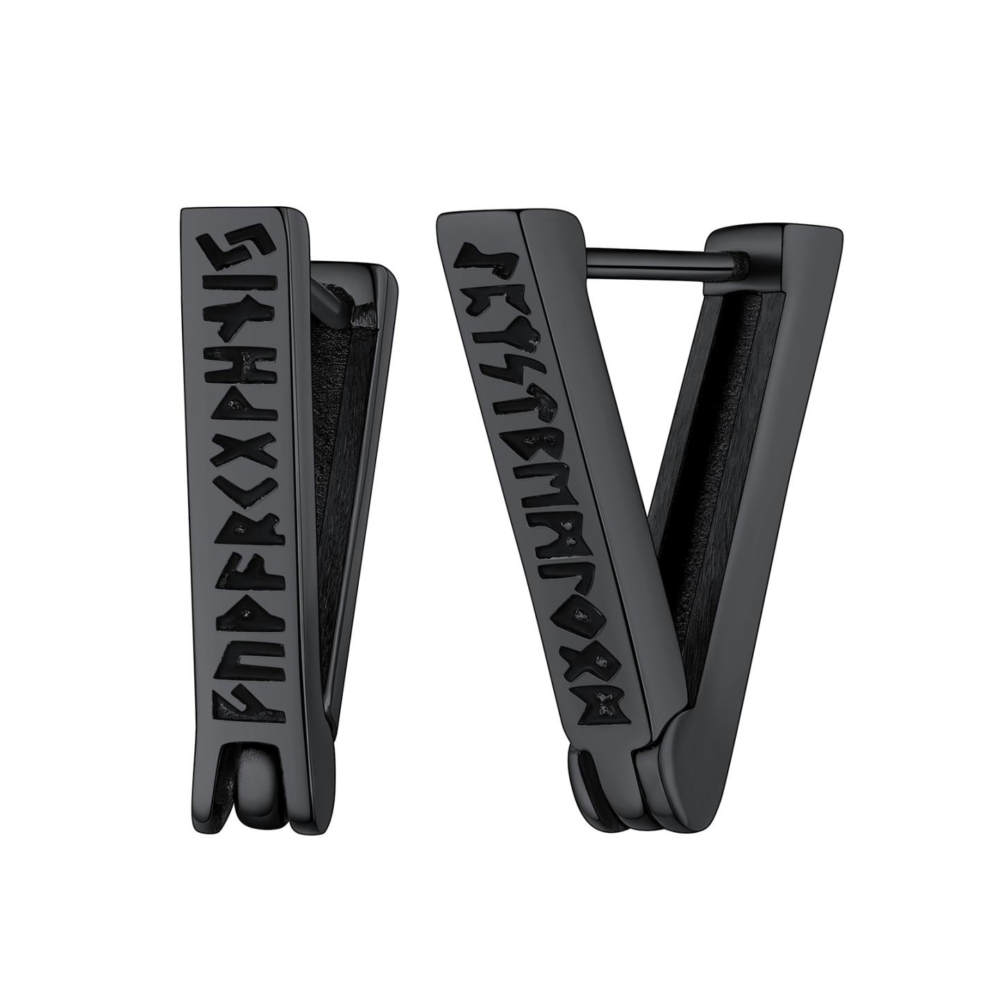 Triangle Viking Rune Huggie Hoop Earrings in Black Plated