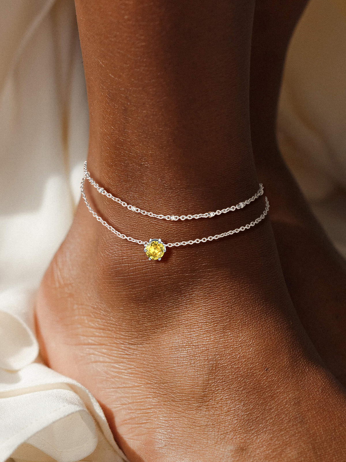 Layered Birthstone Rolo Link Anklet in Stainless