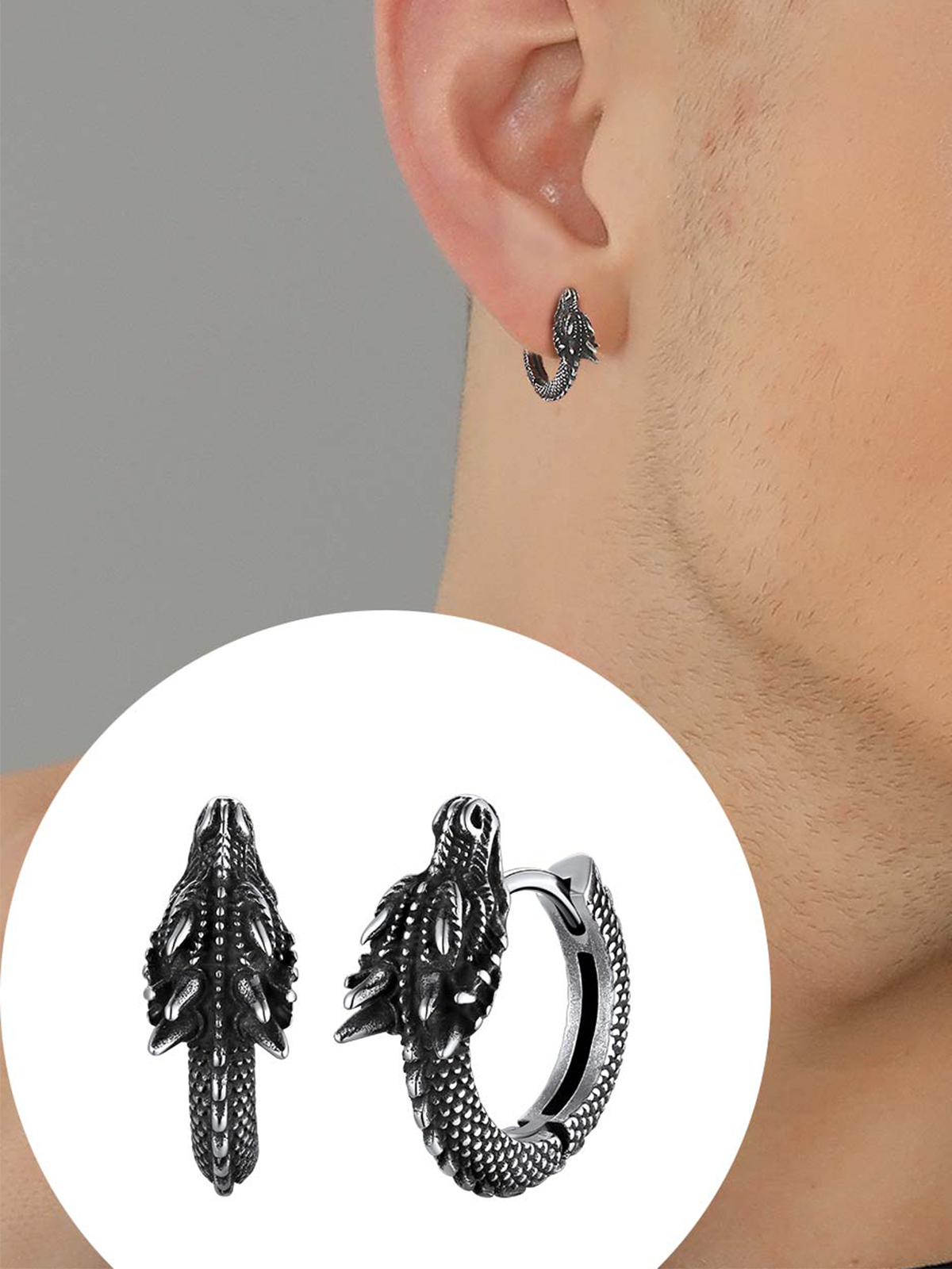 Dragon Huggie Hoops Punk Rock Earrings in Stainless Steel