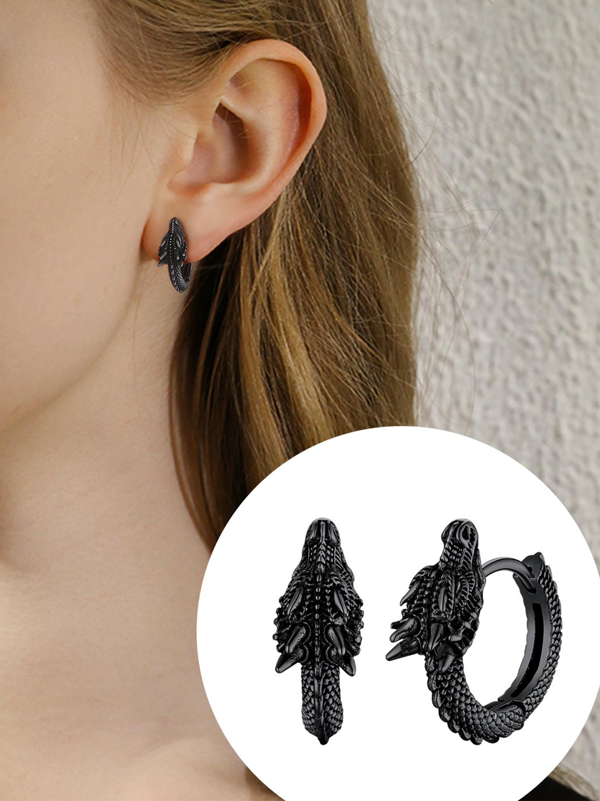 Dragon Huggie Hoops Punk Rock Earrings in Black
