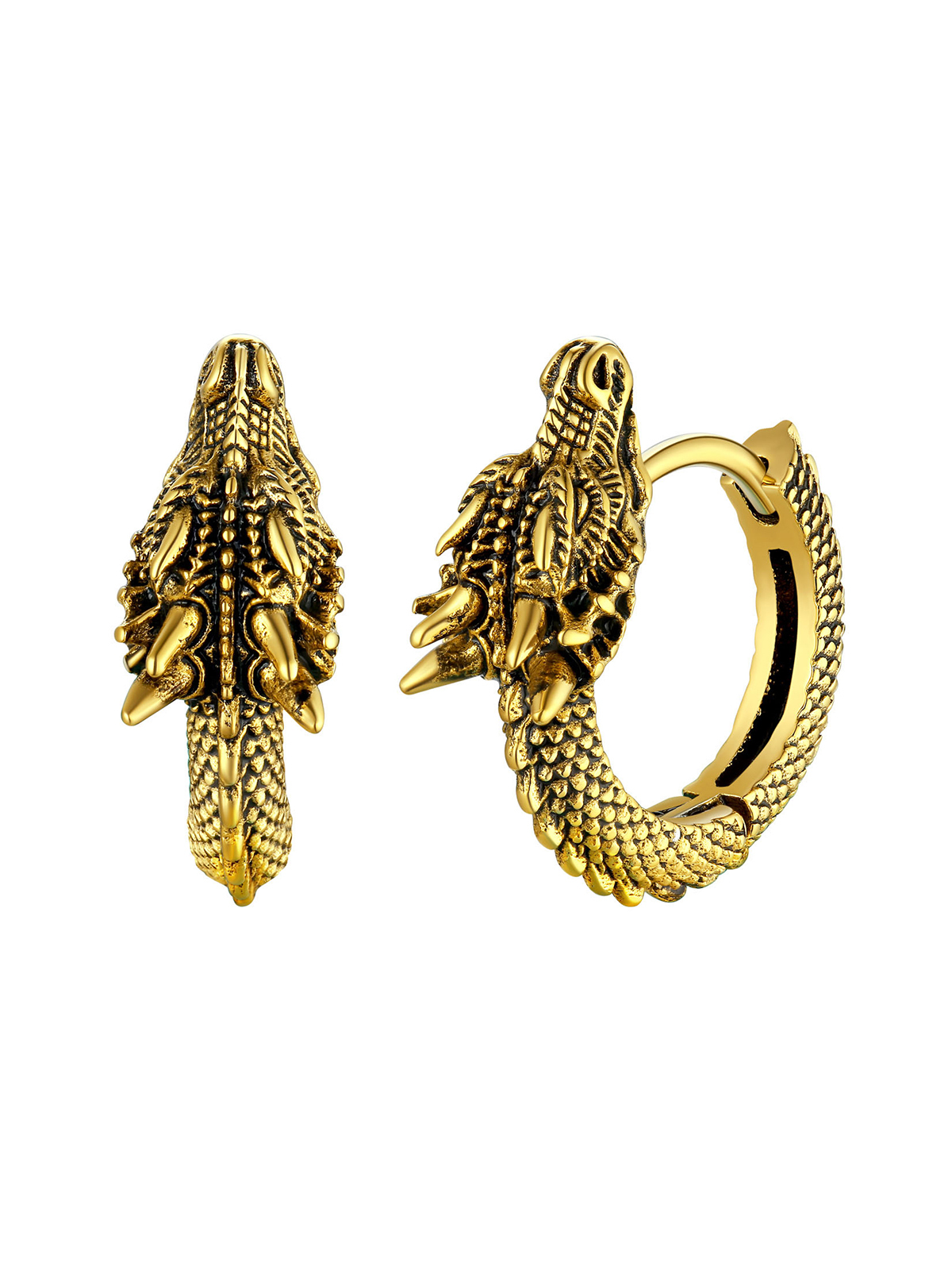 Dragon Huggie Hoops Punk Rock Earrings in 14K Gold