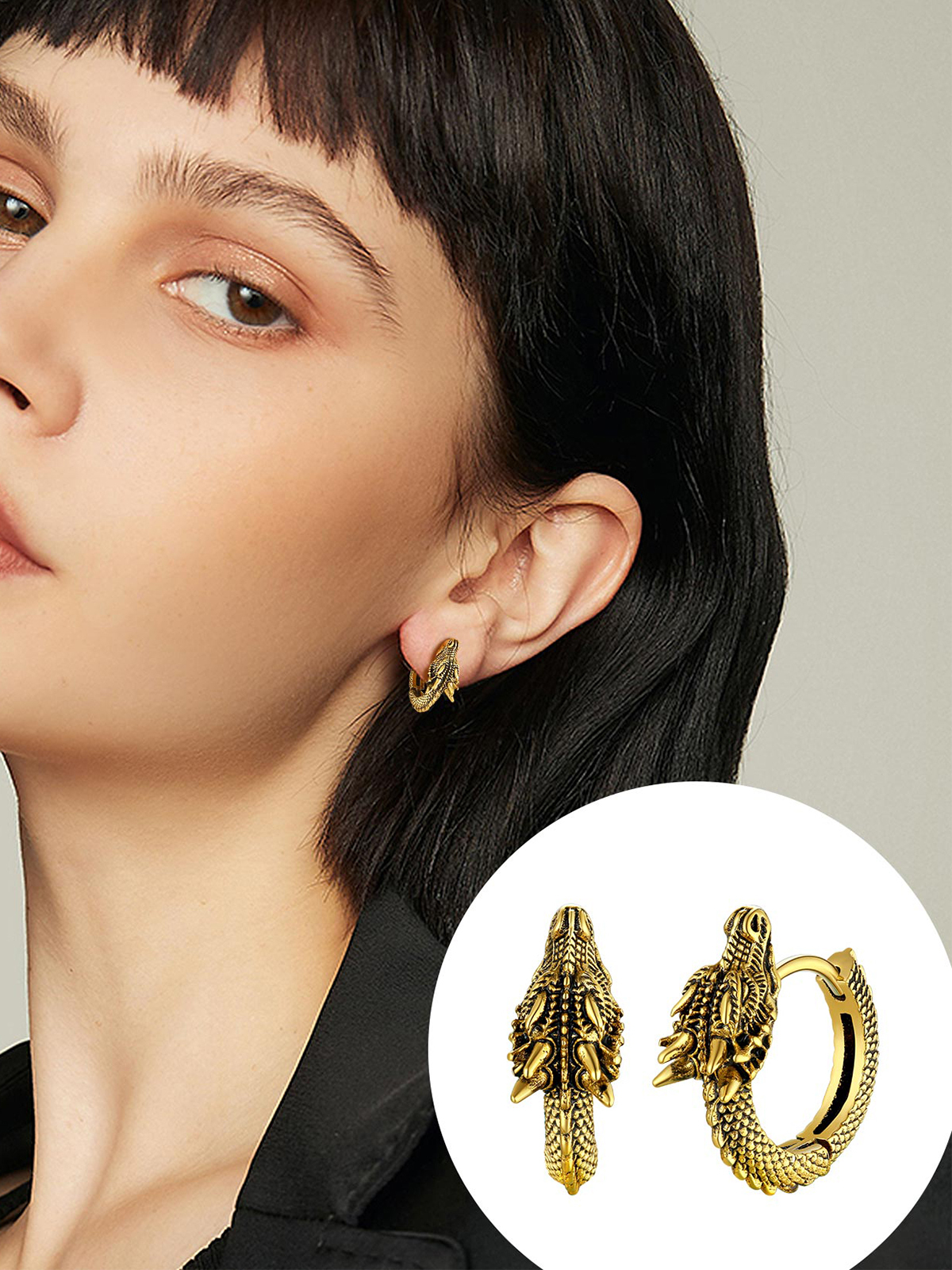 Dragon Huggie Hoops Punk Rock Earrings in 14K Gold