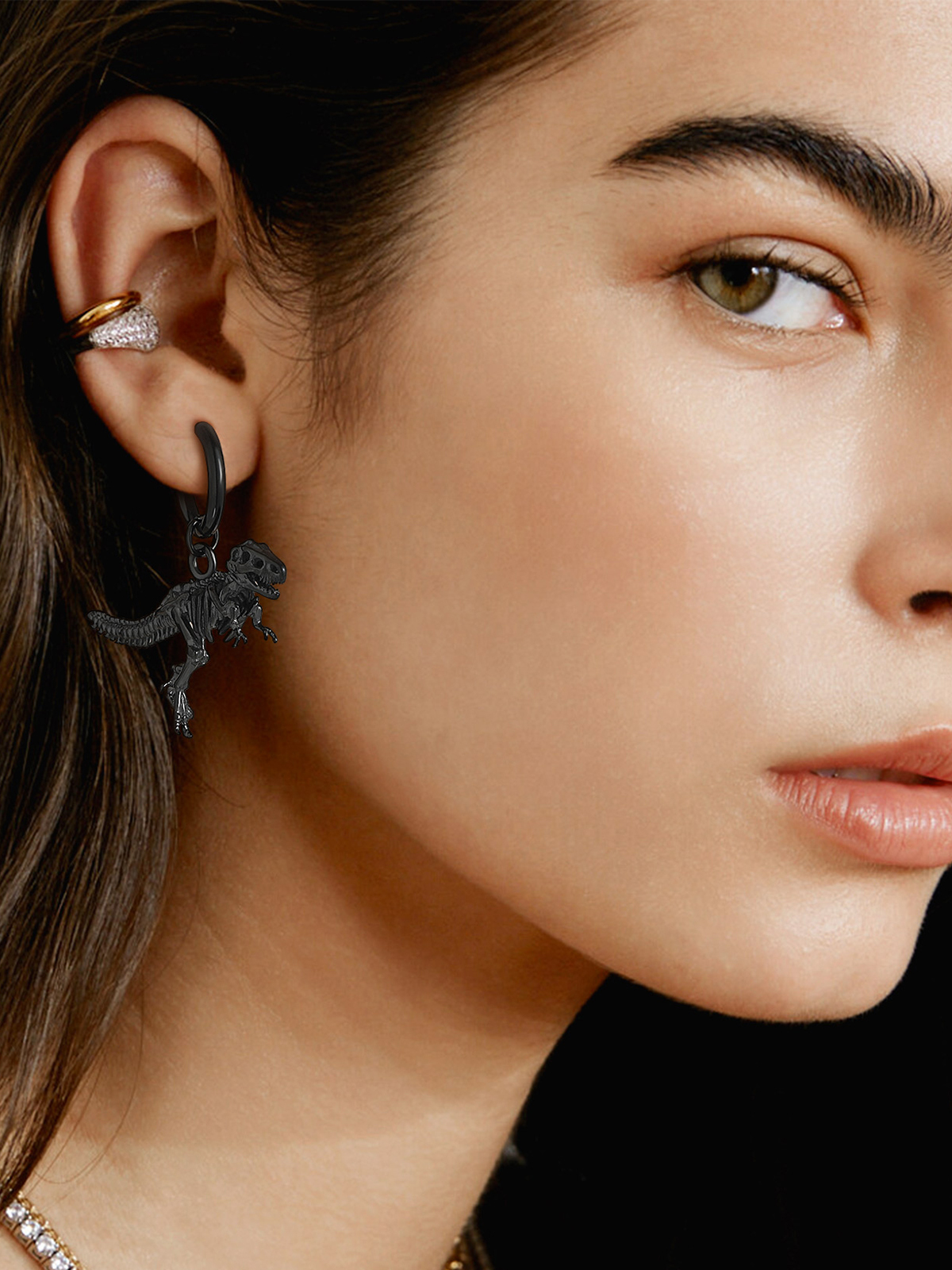Tyrannosaurus Rex Huggie Hoops Punk Rock Earrings in Black