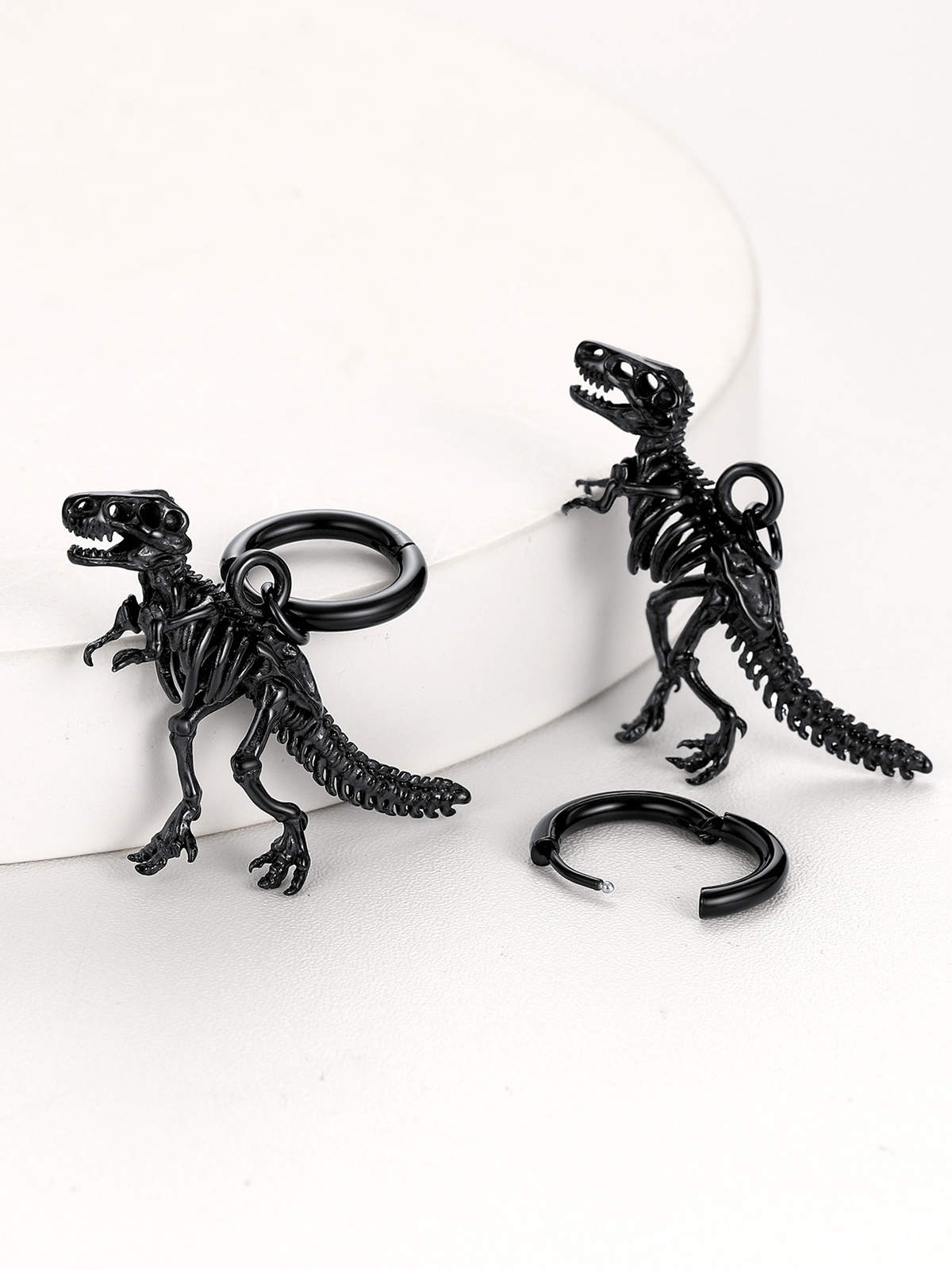 Tyrannosaurus Rex Huggie Hoops Punk Rock Earrings in Black