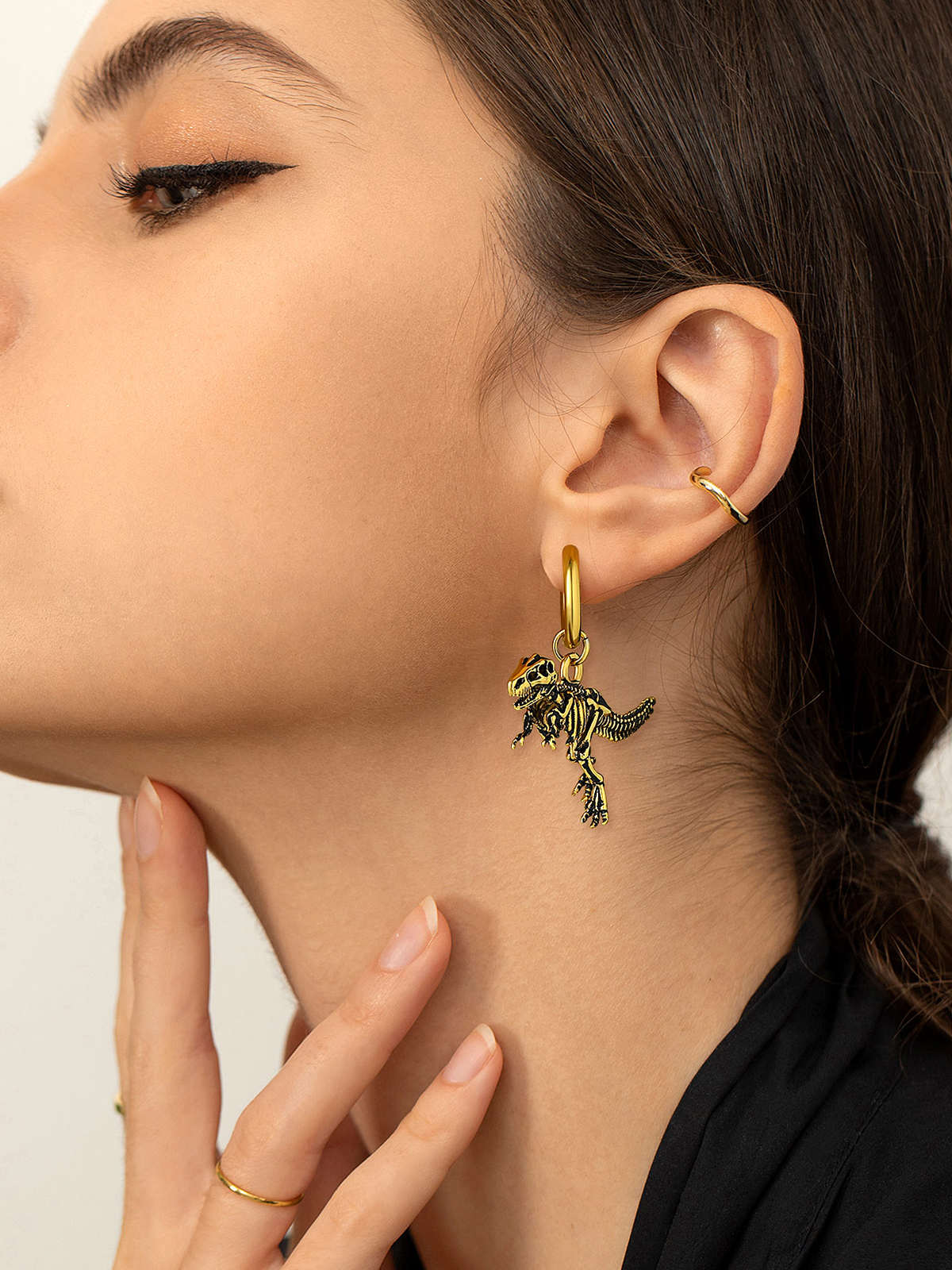 Tyrannosaurus Rex Huggie Hoops Punk Rock Earrings in 18K Gold