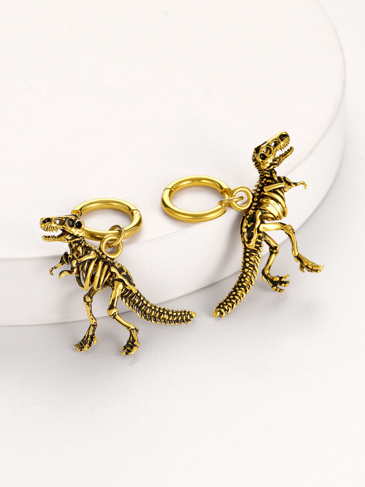 Tyrannosaurus Rex Huggie Hoops Punk Rock Earrings in 18K Gold