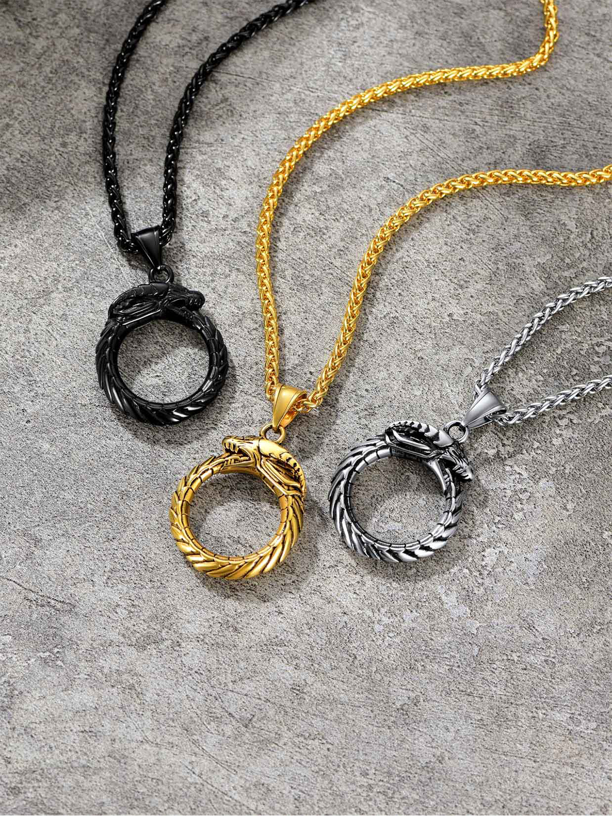 Ouroboros Dragon Pendant Animal Necklace in Black Plated