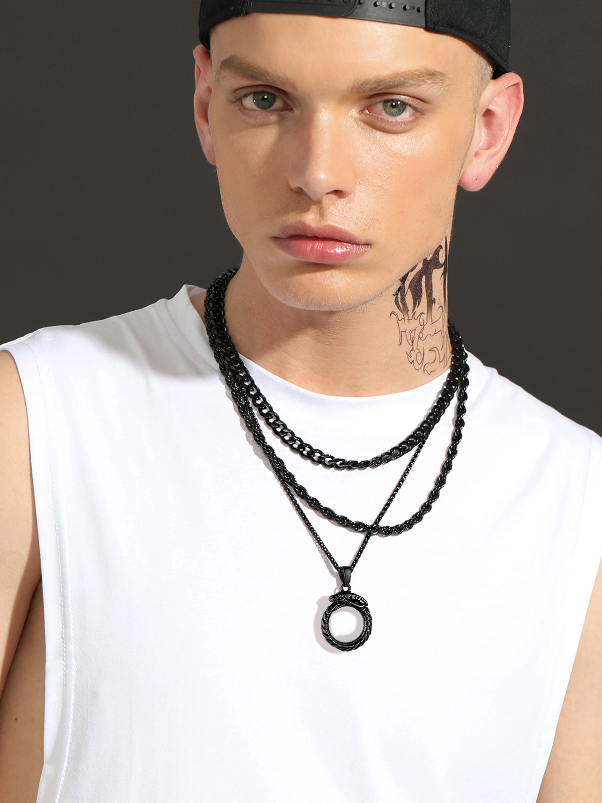 Ouroboros Dragon Pendant Animal Necklace in Black Plated