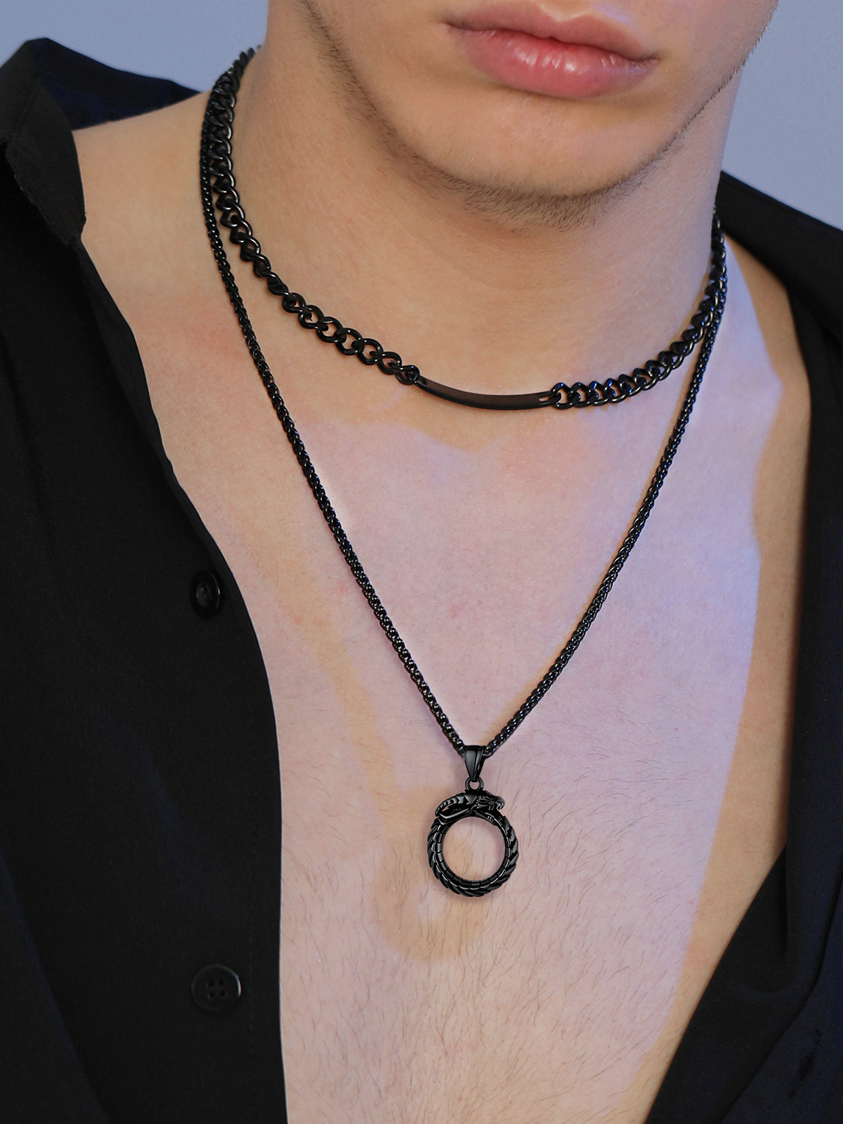 Ouroboros Dragon Pendant Animal Necklace in Black Plated