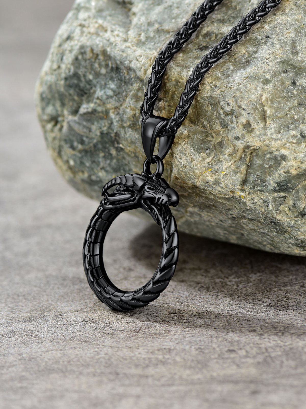Ouroboros Dragon Pendant Animal Necklace in Black Plated