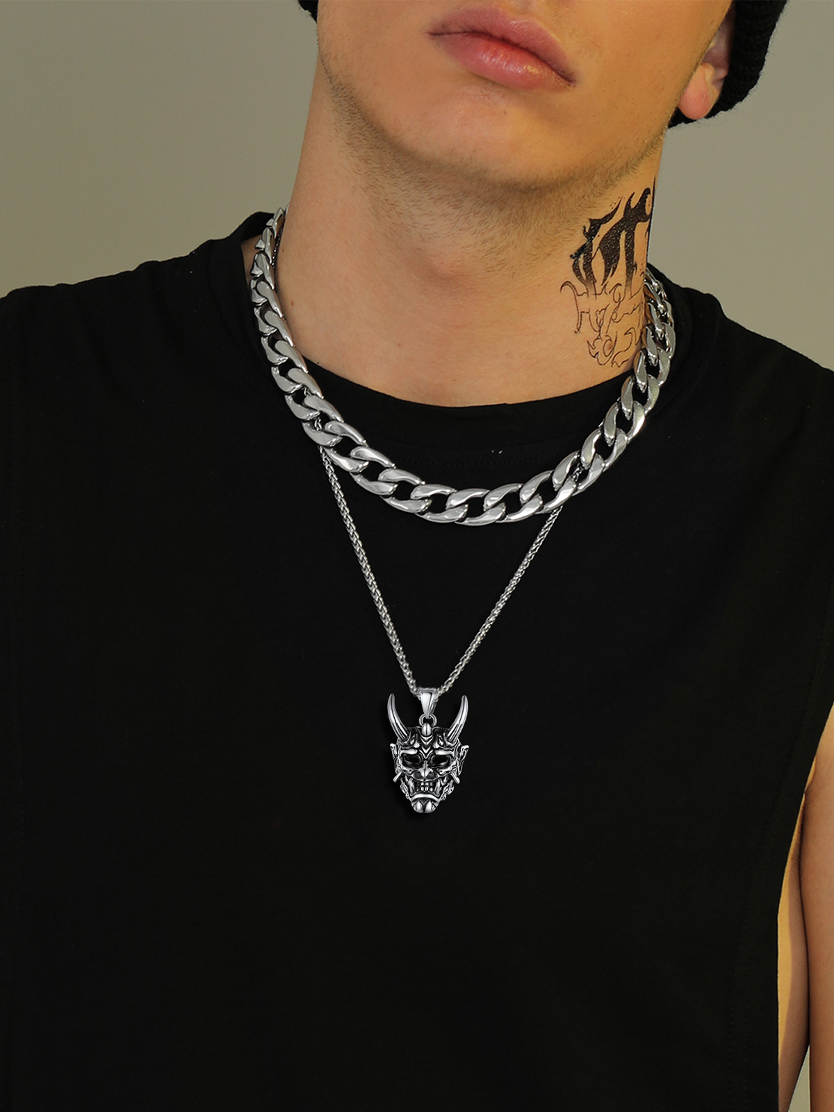 Halloween Gothic Jewelry Demon Horn Pendant Punk Evil Necklace in Stainless