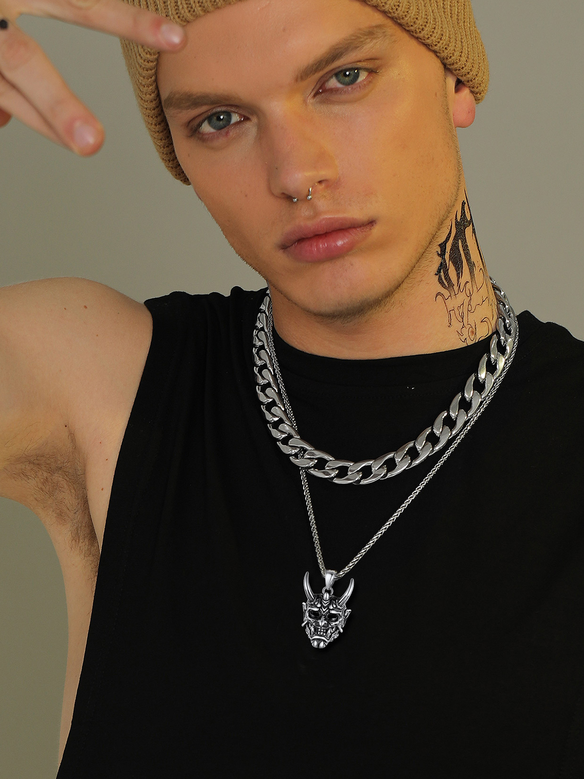 Halloween Gothic Jewelry Demon Horn Pendant Punk Evil Necklace in Stainless