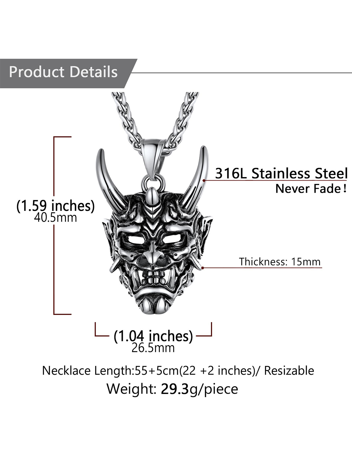 Halloween Gothic Jewelry Demon Horn Pendant Punk Evil Necklace in Stainless