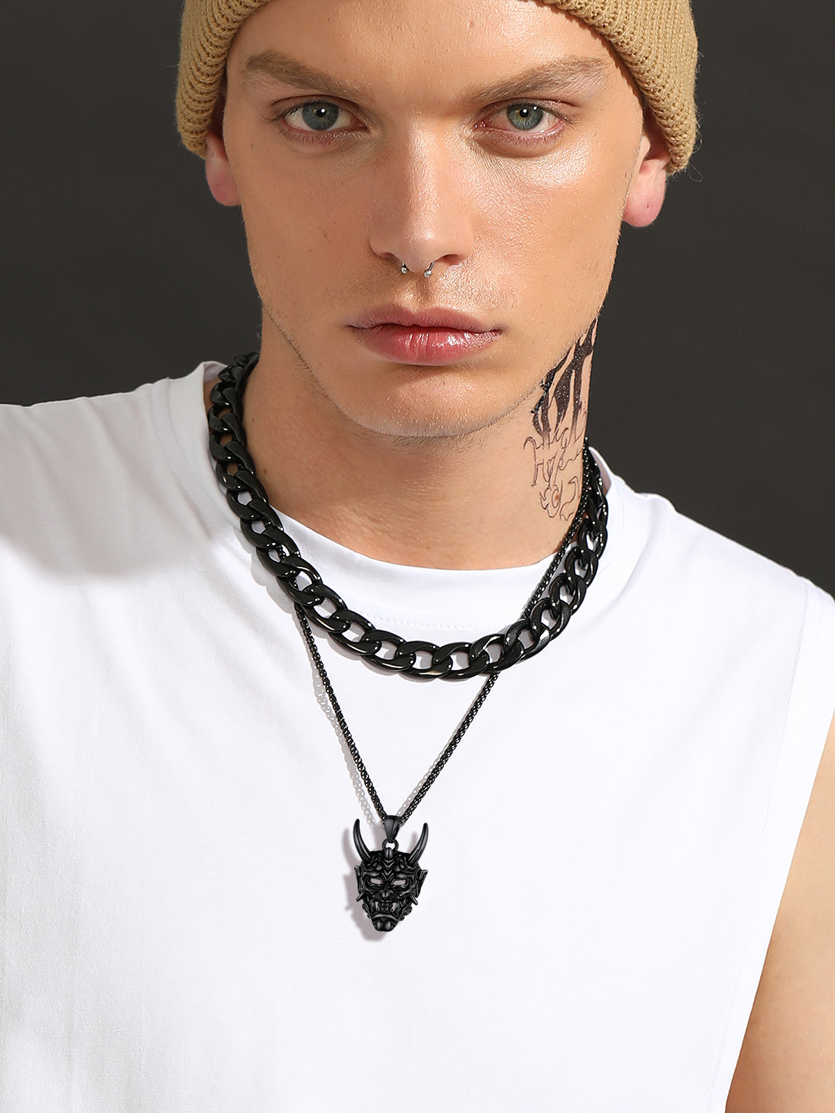 Halloween Gothic Jewelry Demon Horn Pendant Punk Evil Necklace in Black Plated