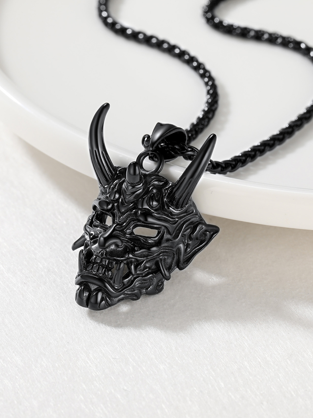 Halloween Gothic Jewelry Demon Horn Pendant Punk Evil Necklace in Black Plated
