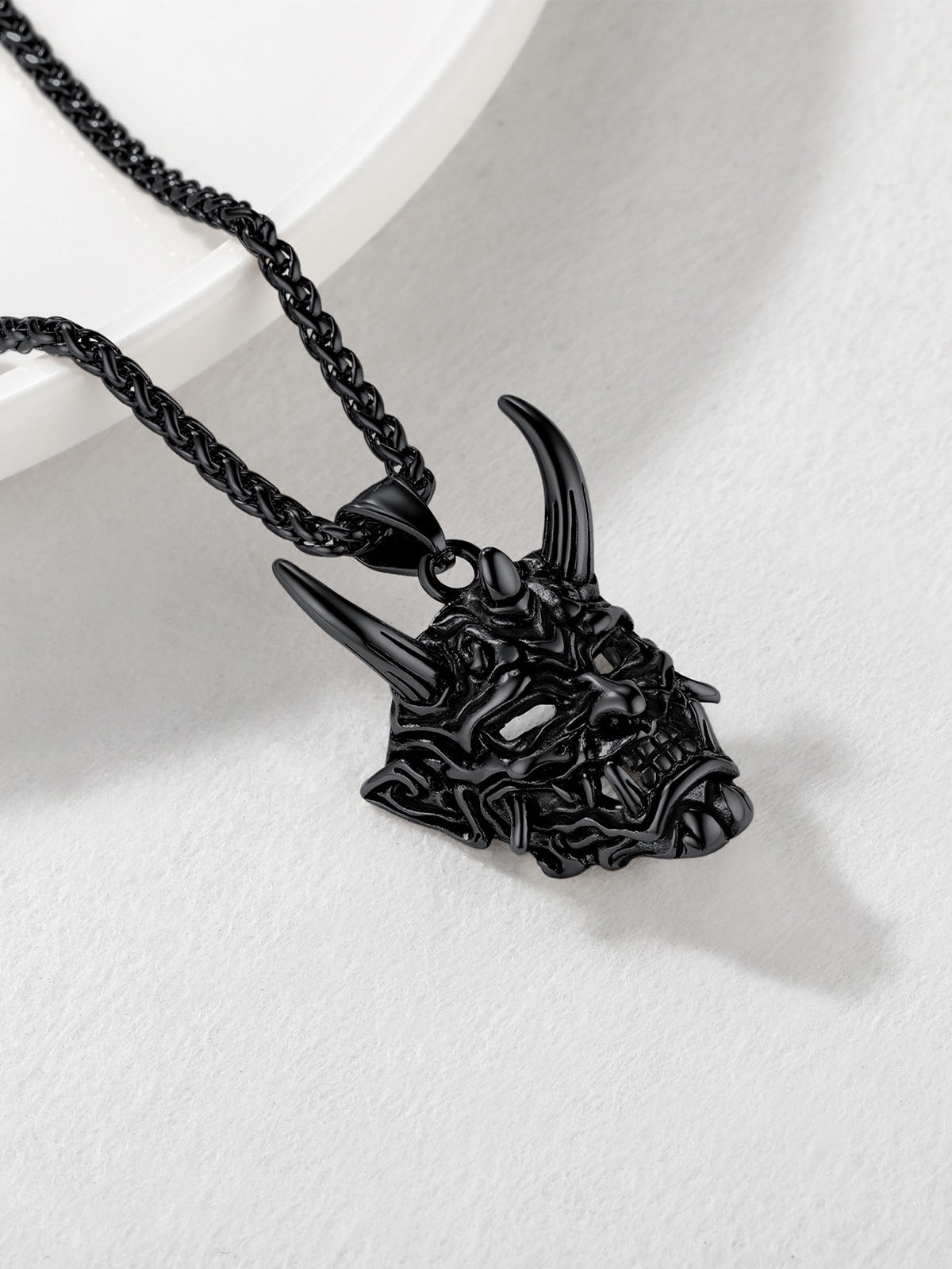 Halloween Gothic Jewelry Demon Horn Pendant Punk Evil Necklace in Black Plated