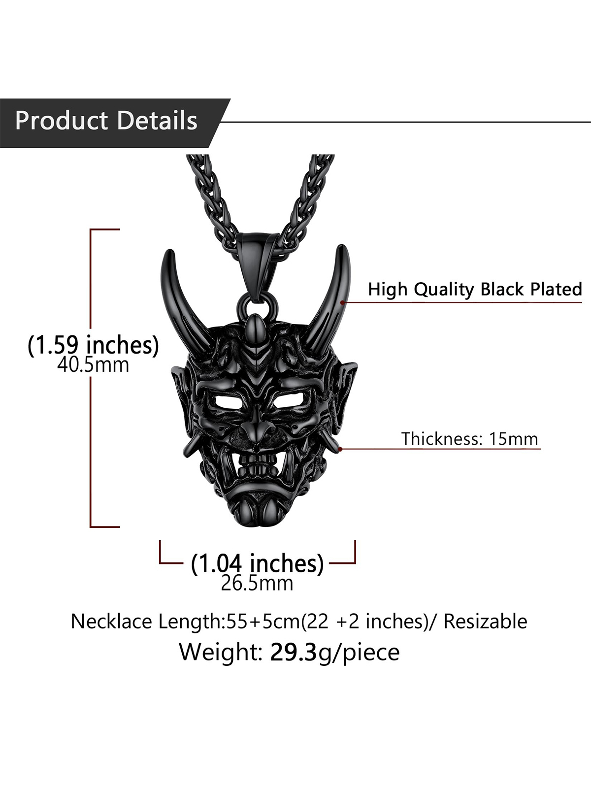 Halloween Gothic Jewelry Demon Horn Pendant Punk Evil Necklace in Black Plated