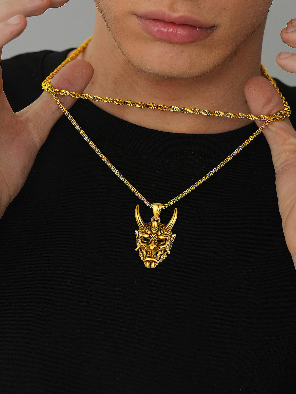 Halloween Gothic Jewelry Demon Horn Pendant Punk Evil Necklace in 18K Gold Plated