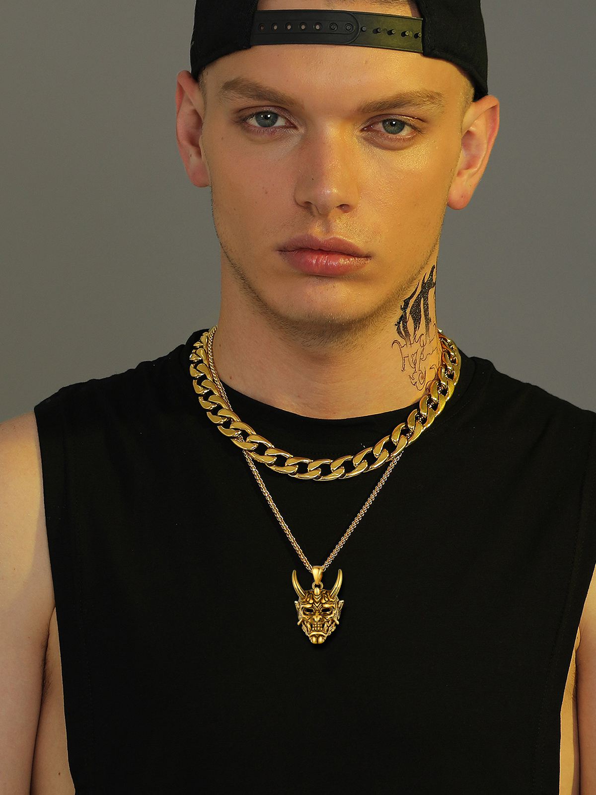 Halloween Gothic Jewelry Demon Horn Pendant Punk Evil Necklace in 18K Gold Plated