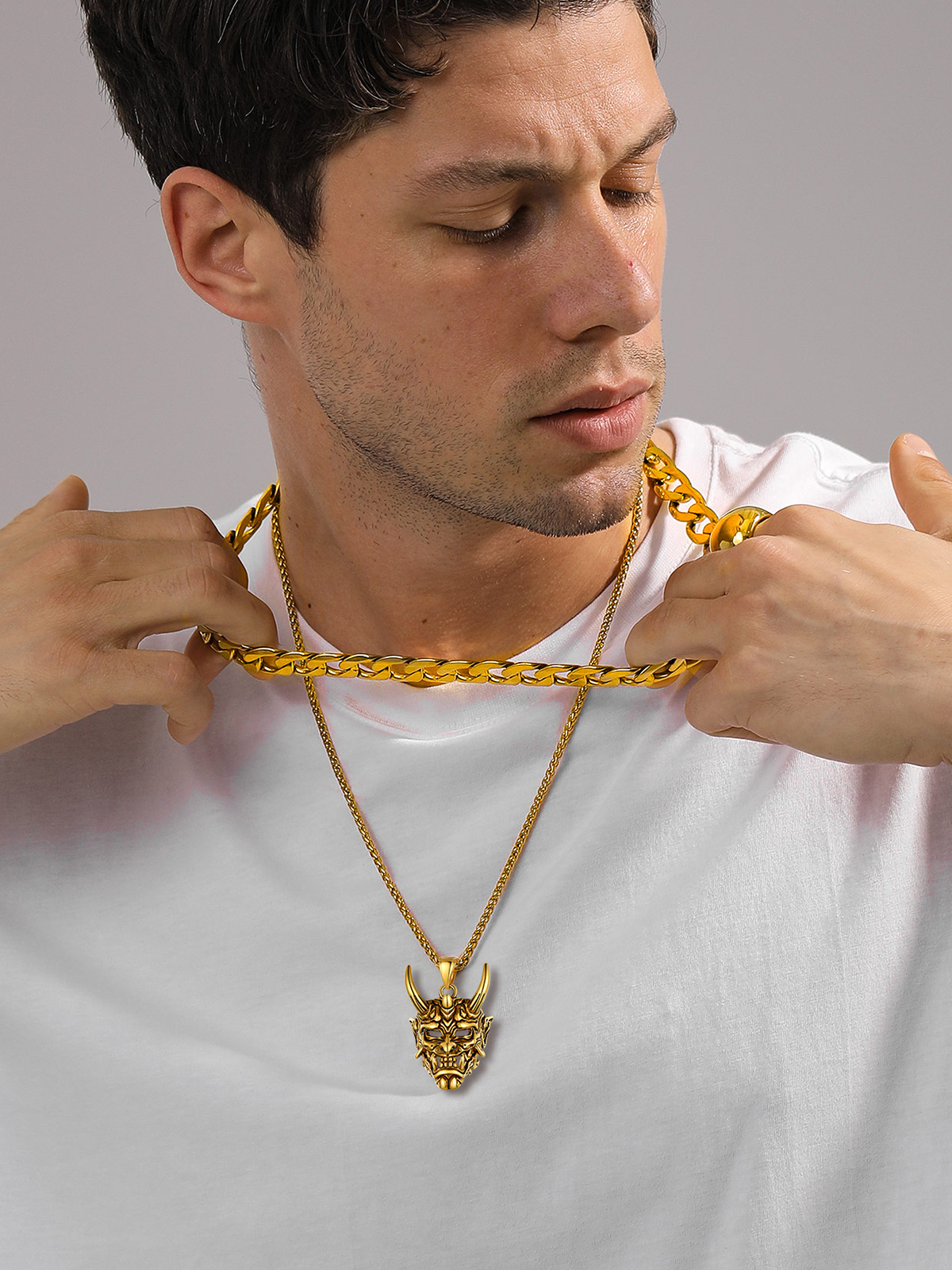 Halloween Gothic Jewelry Demon Horn Pendant Punk Evil Necklace in 18K Gold Plated