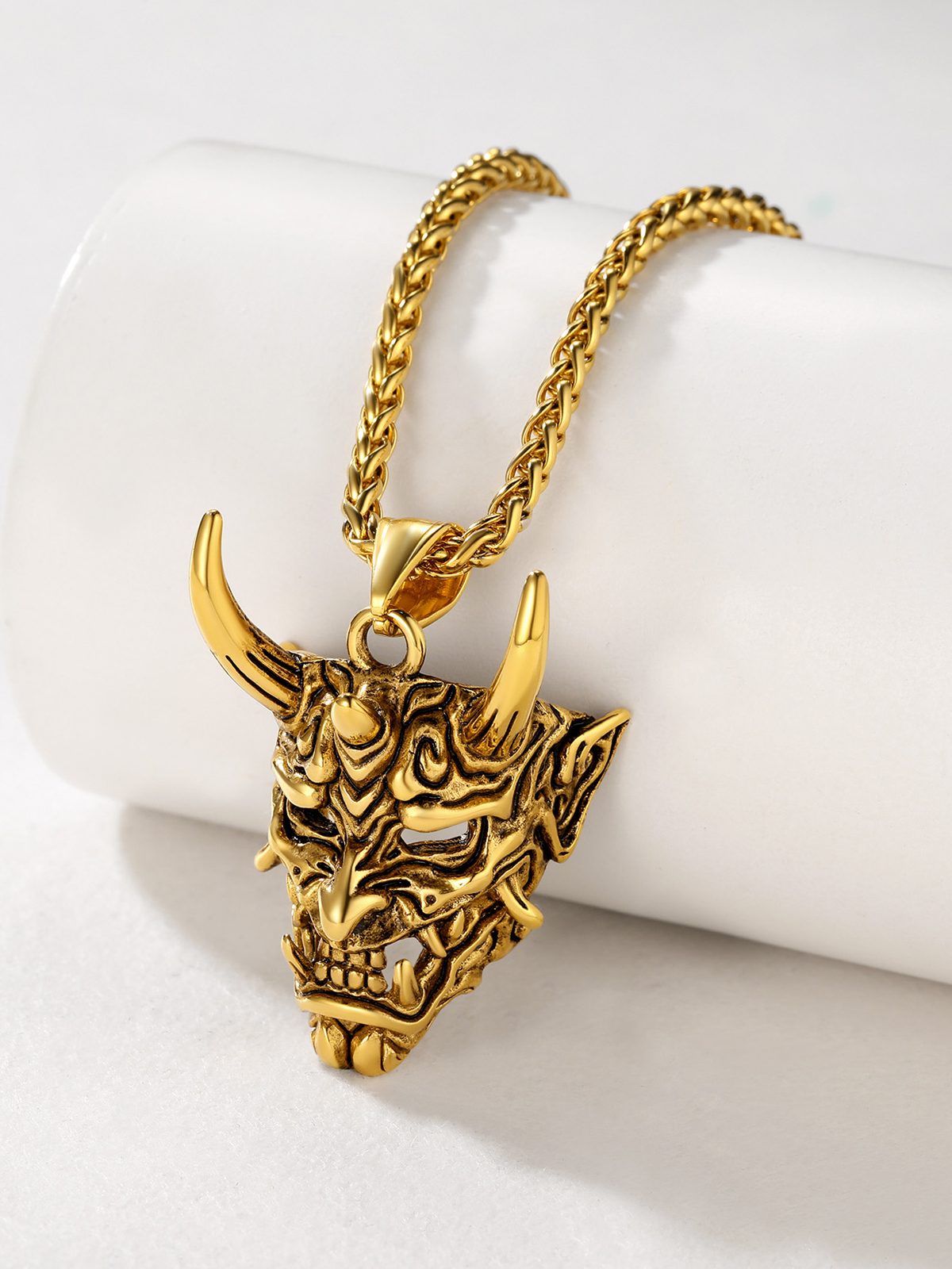 Halloween Gothic Jewelry Demon Horn Pendant Punk Evil Necklace in 18K Gold Plated