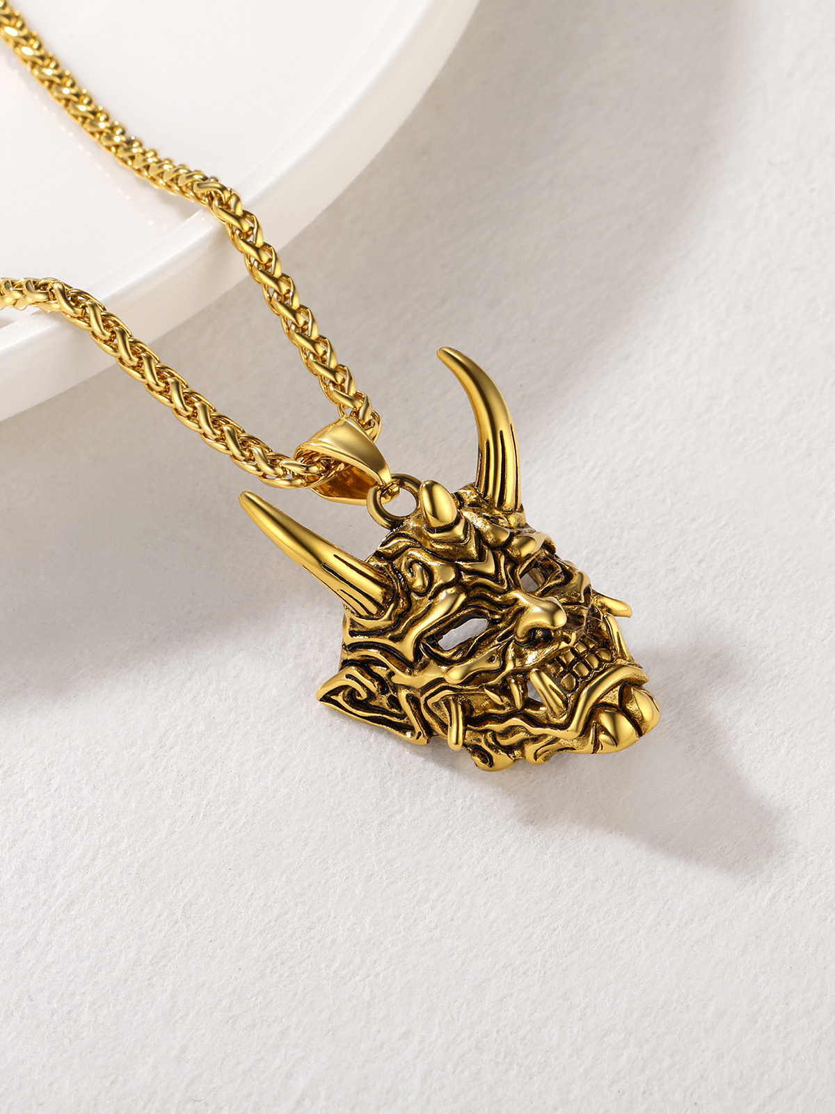 Halloween Gothic Jewelry Demon Horn Pendant Punk Evil Necklace in 18K Gold Plated