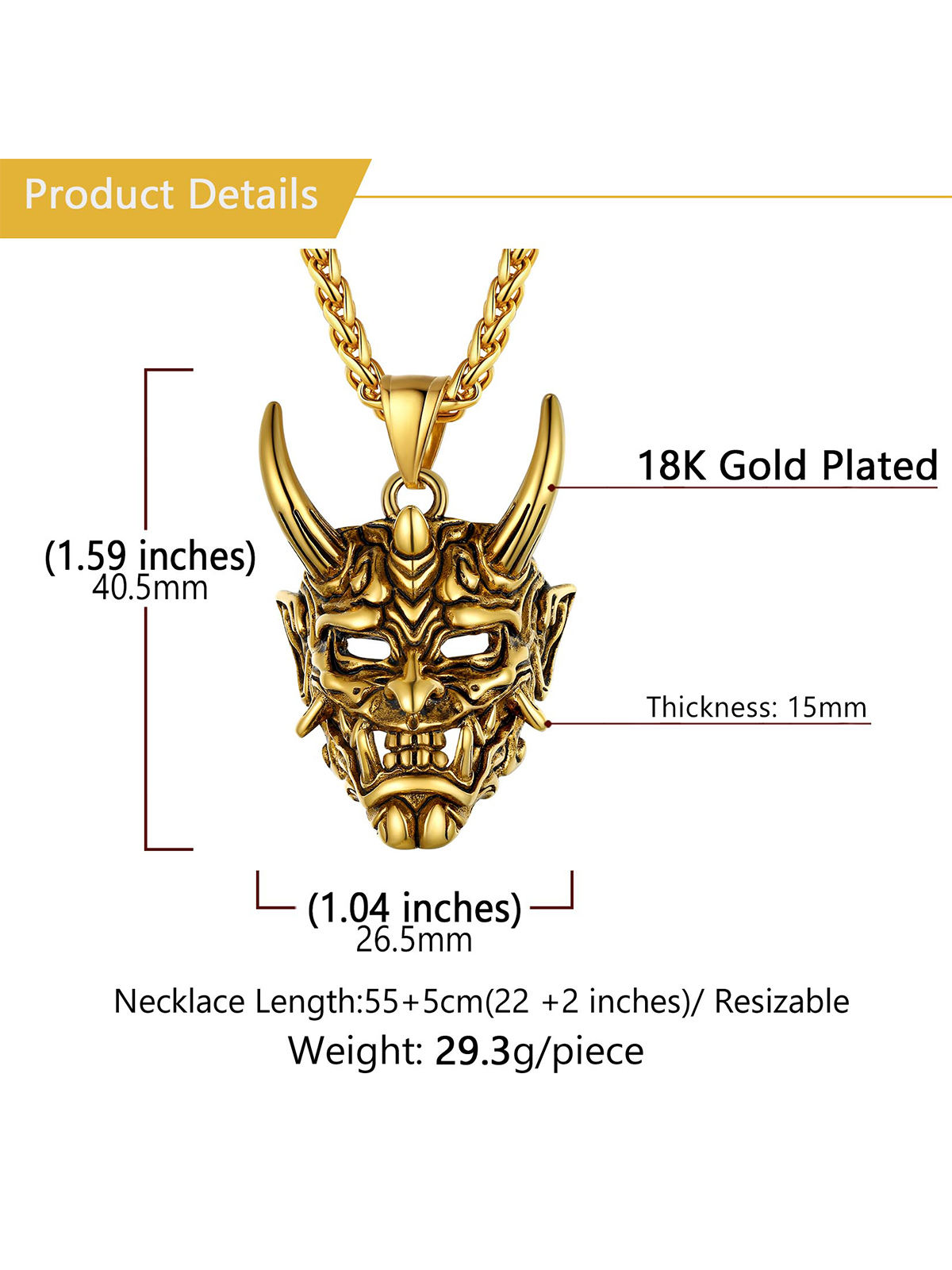 Halloween Gothic Jewelry Demon Horn Pendant Punk Evil Necklace in 18K Gold Plated