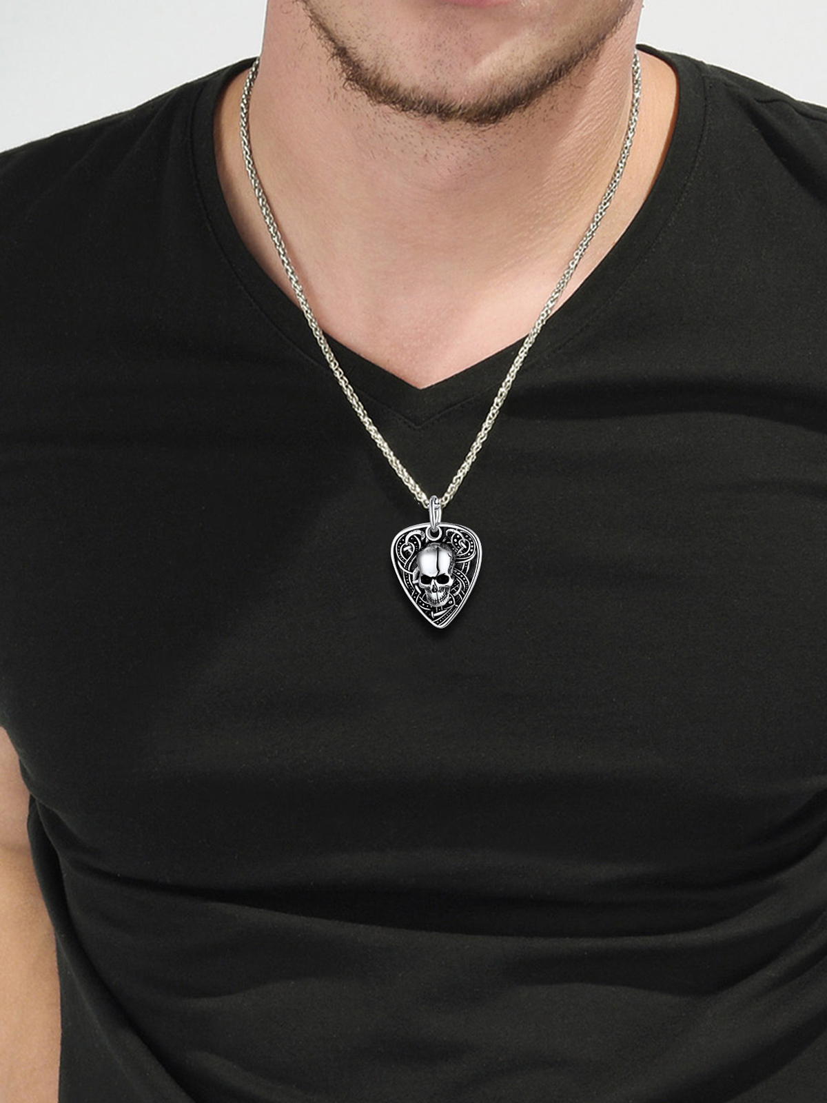 Gothic Skull Pendant Guitar Pick Necklace in Stainless