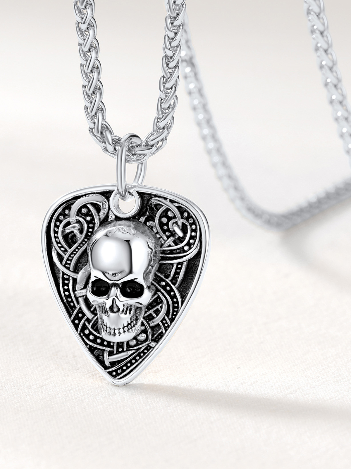 Gothic Skull Pendant Guitar Pick Necklace in Stainless