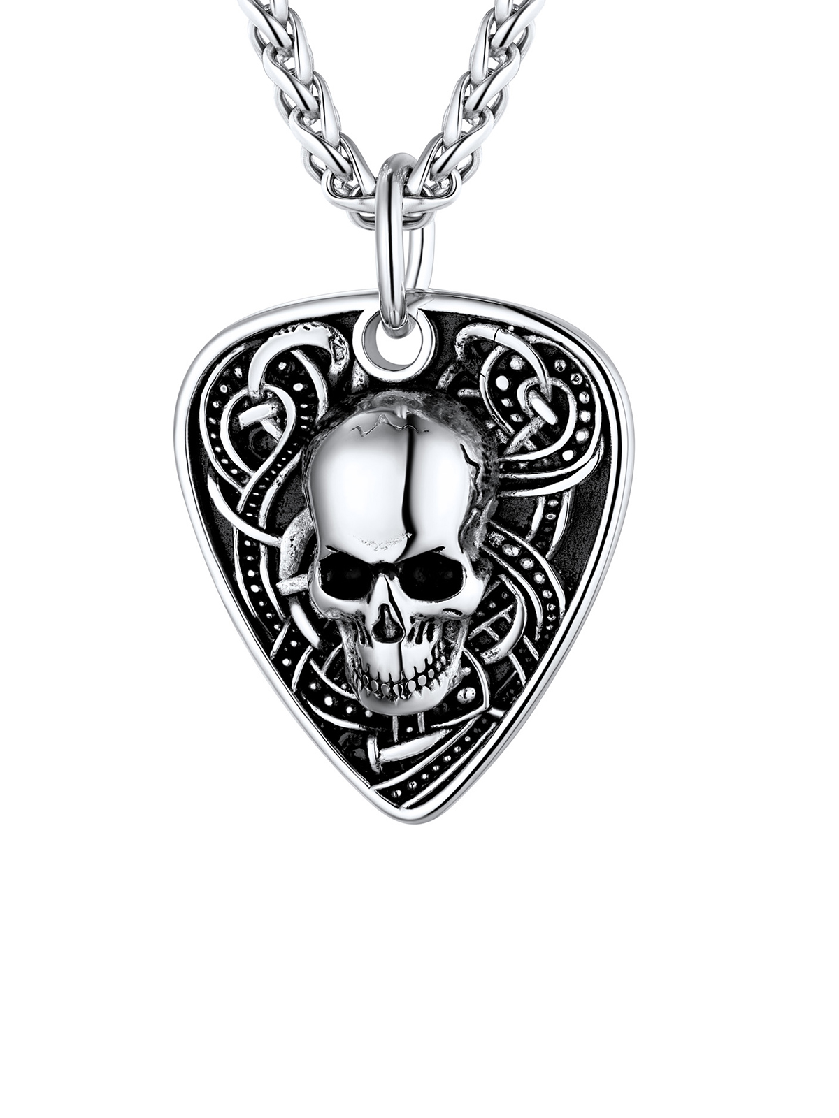 Gothic Skull Pendant Guitar Pick Necklace in Stainless