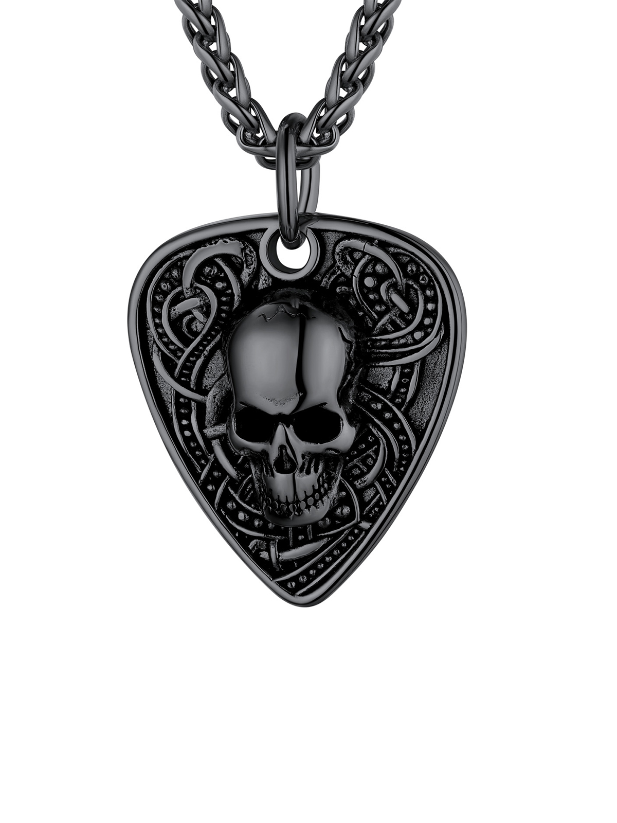 Gothic Skull Pendant Guitar Pick Necklace in Black