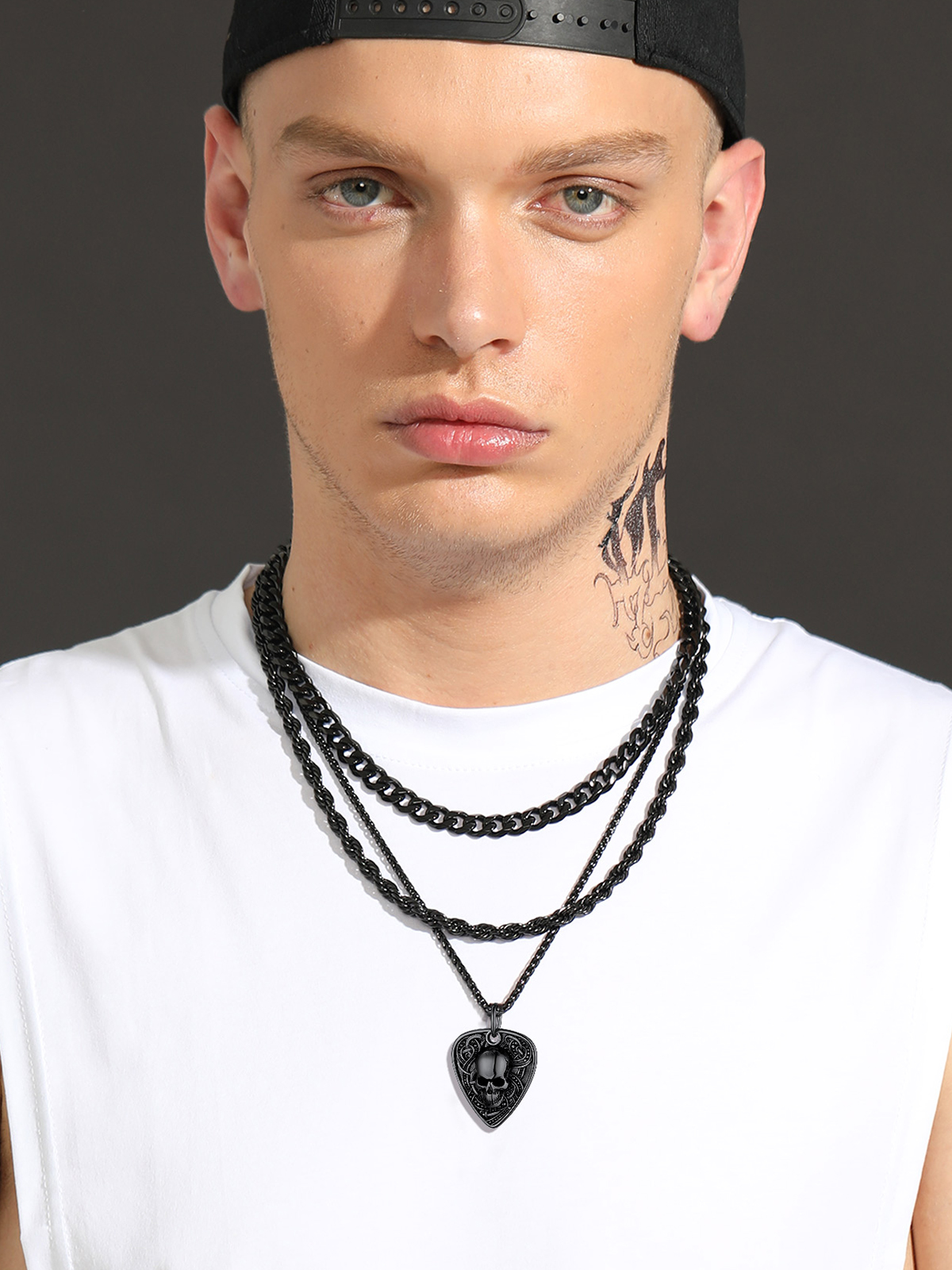 Gothic Skull Pendant Guitar Pick Necklace in Black