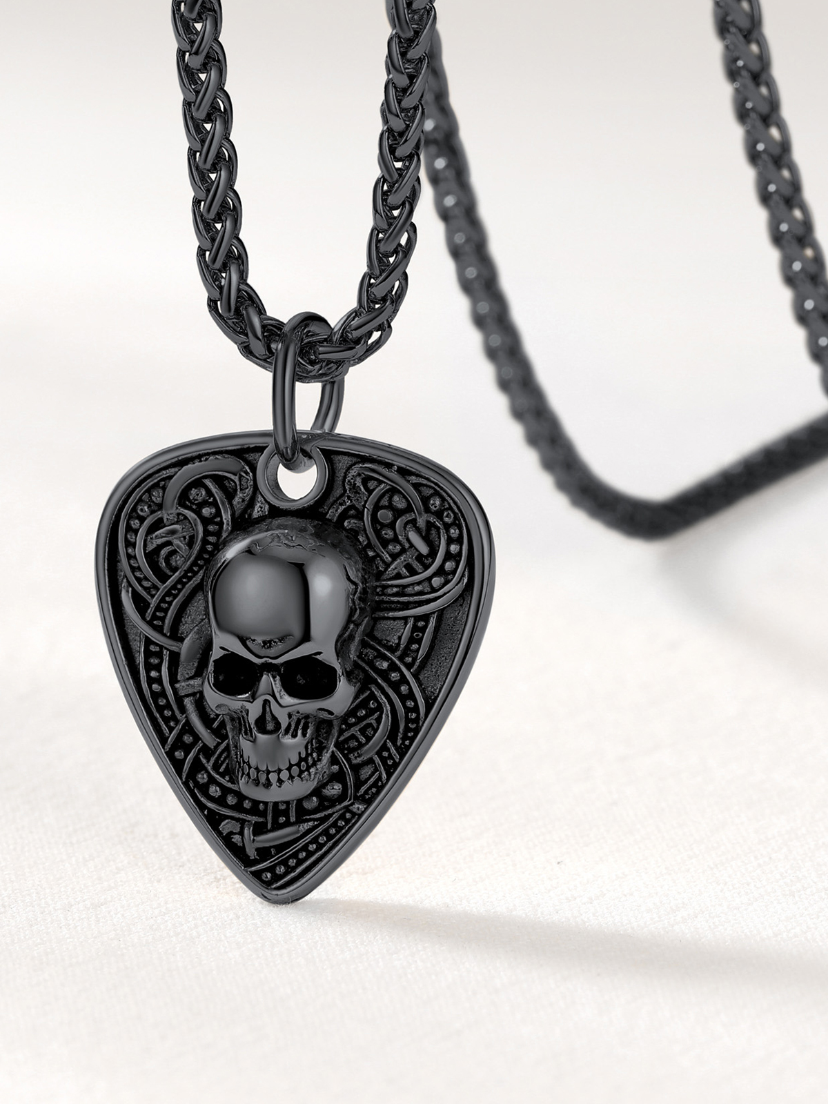 Gothic Skull Pendant Guitar Pick Necklace in Black